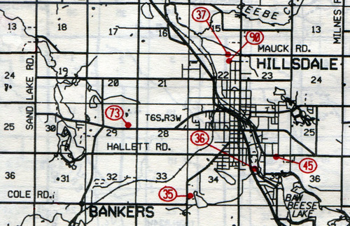    Hillsdale Twp.&nbsp; T-6-SR-3-W      
  
  
 
 
 
 
 
 
 
 
 
 
 
 
  
  
  
  
  
  
     35… King Lake    36… Saint Anthony’s Catholic    37… Oak Grove (Oakgrove)    45… Lake View (Lakeview or Dutch Hill German Lutheran)    73… West Bacon    90…