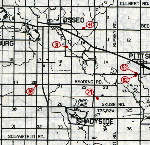Jefferson Twp. T-7-SR-2-W
29… Black 30… Maple Grove (Blount or Lucas) 31… Leonard (South Osseo or Taylor) 44… East Hill (Dutch Hill) 53… Leonardson Memorial 82… Greenwood (Old Leonardson)