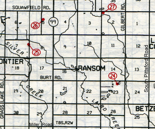   Ransom Twp. T-8-SR-2-W   24… Evergreen (Burt)  25… Wild Cherry (Andridge)  26… Doty  27… Mud Lake (Phillips, Eggleston or Teachout) 