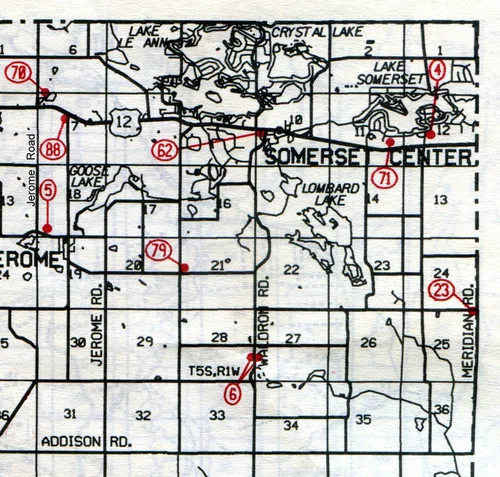 Somerset Twp. T-5-SR-1-W
4… Somerset 5… Jerome 6… Aldrich 23… Smith (Pratt) 62…Somerset Center 70… Fowler 71… Gay (Indian) 79… Butcher Farm 88… Brooks--site