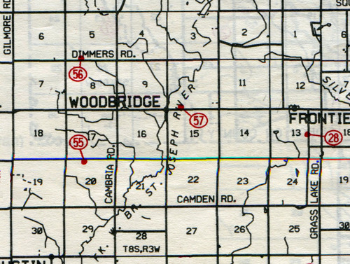 Woodbridge Twp. T-8-SR-3-W
28… Frontier 55… West Woodbridge (Jenkins) 56… Devine (Divine) 57… Sheldon