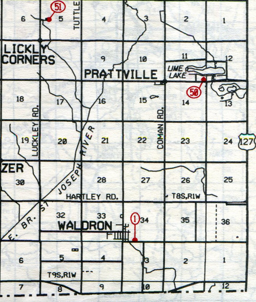Wright Twp. T-8-9-S R-1-W
1… Waldron 50… Prattville (Emens) 51… Lickly Corners (Lickley”s Corners)