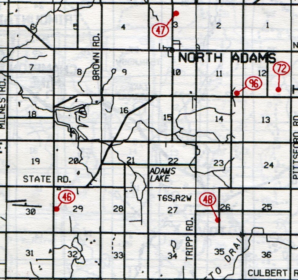   Adams Twp.   T-6-S   R-2-W   46… Mount Pleasant (Kirby)  47…  North Lawn (Northlawn or North Adams)  48…  Hills (Jennings)  72… Hoxie (Kendrick)-Site  96… Holcomb-Site 