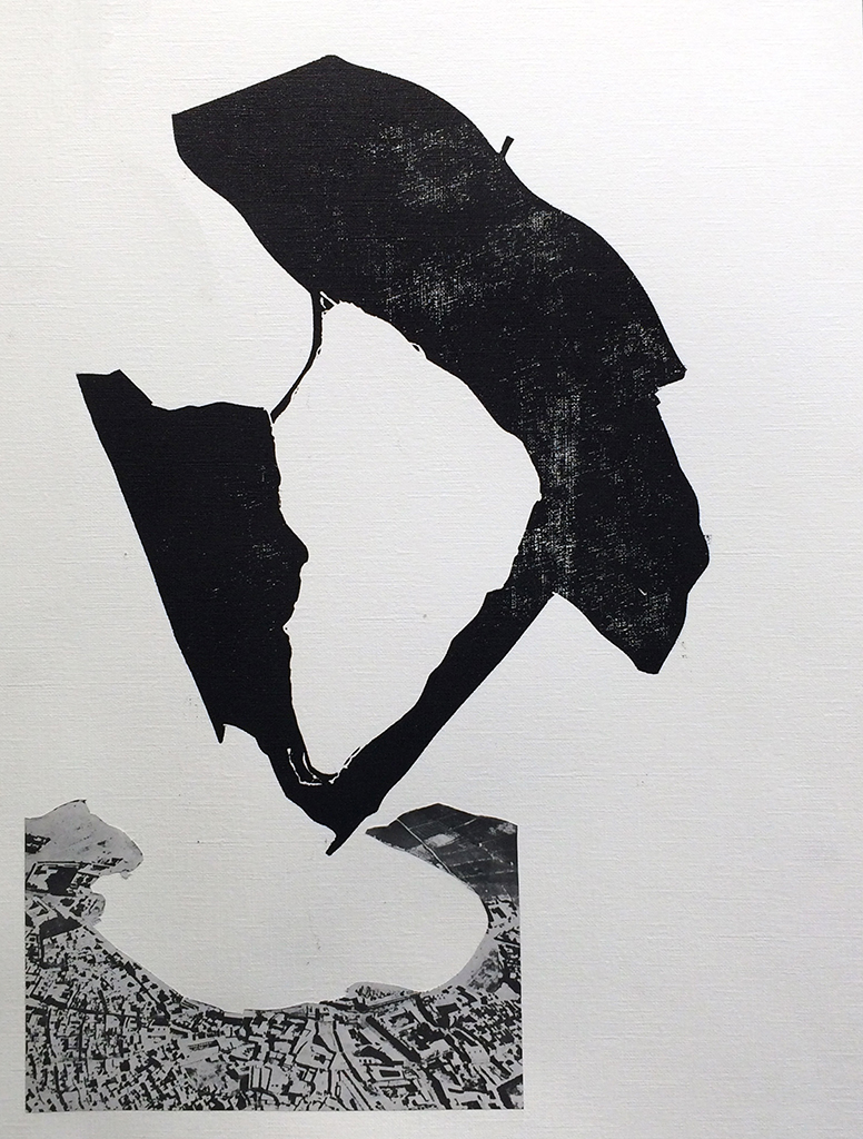   Untitled (Variations on a Landscape), after Robert Kelly   Wood-block monotype and collage on paper  11" x 17," 20015 