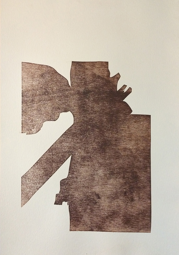   The Door Becomes the Landscape n. 7   From a series of wood-block monotypes after Robert Kelley's  Variations on a Poem of Stefan George   Wood-block on Arches Cover  18" x 20," 2015    