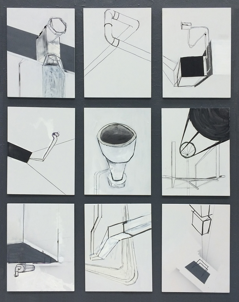   Infrastructure Set   9 drawings in ink, gouache, graphite and enamel on 1/2" panel  59" x 77" overall, 2015 