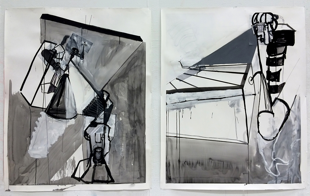   A Pair of Contraptions (Diptych)   Ink, gouache, graphite and enamel on paper  98.5" x 60," 2015 