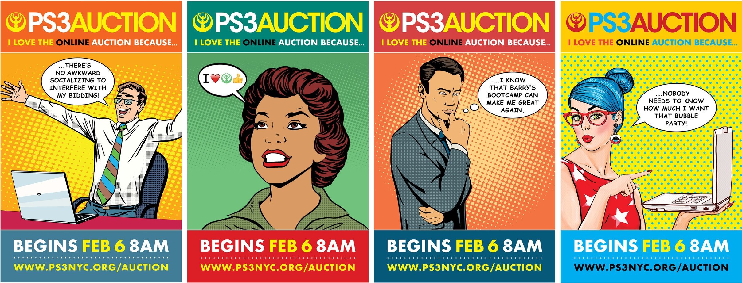 school auction campaign, four separate posters