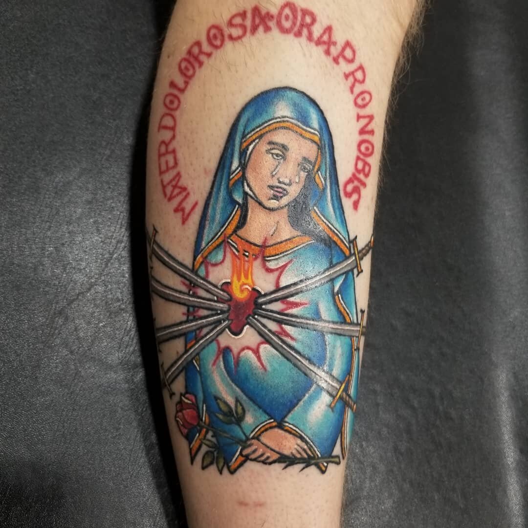 Finished this the other day! Had a blast! Thanks hunter! #colortattoo #neotraditionaltattoo #fkironsxion #catholicism #electrumstencilproducts #worldfamousink #grandrapidstattoo