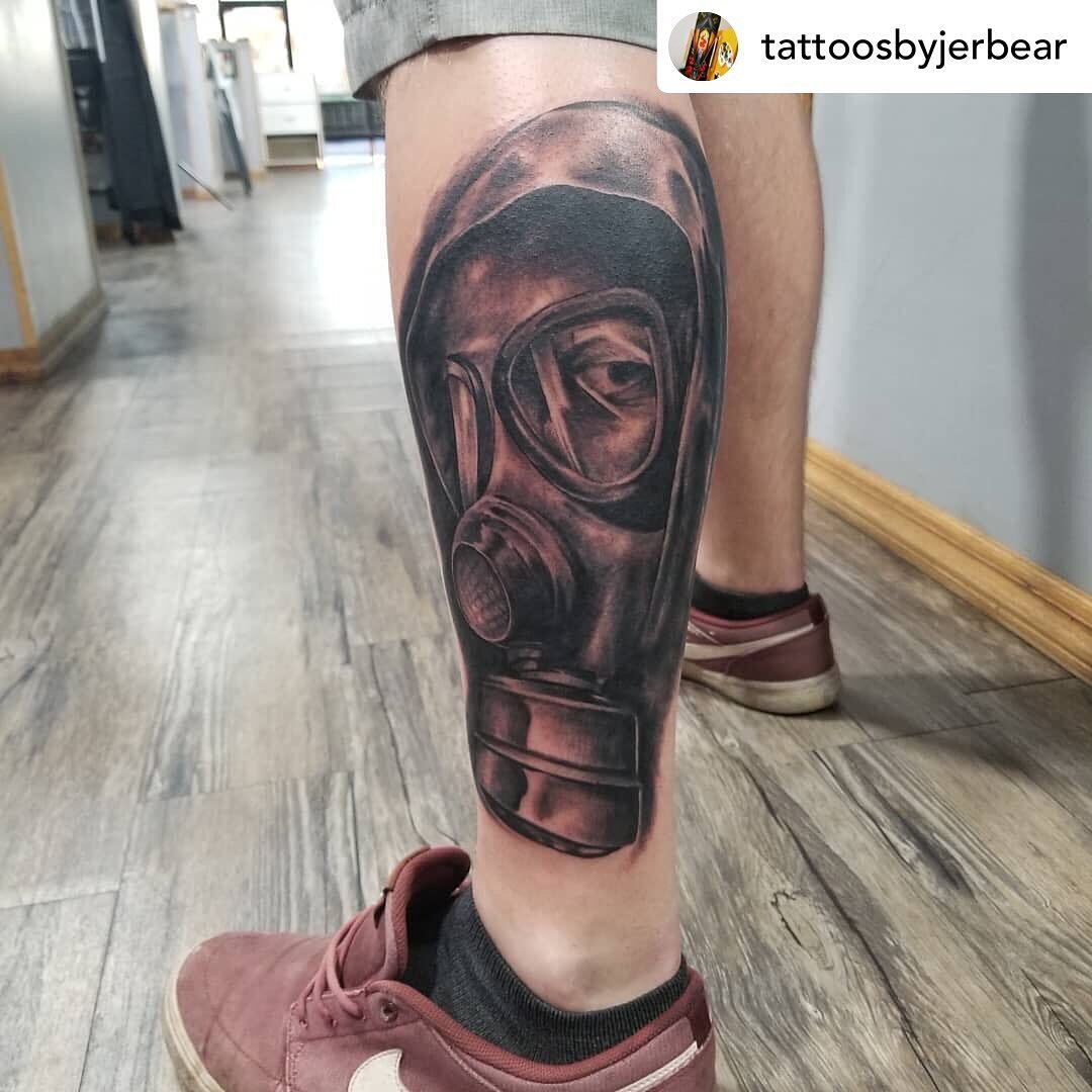 Posted @withregram &bull; @tattoosbyjerbear I would love to do more like this! First session, Thanks Cody! #tattoos #worldfamoustattooink #fkirons #gasmask #blackandgraytattoo #lightningrevivaltattoocompany #kwadronneedles #lrtc #lightningrevivaltatt