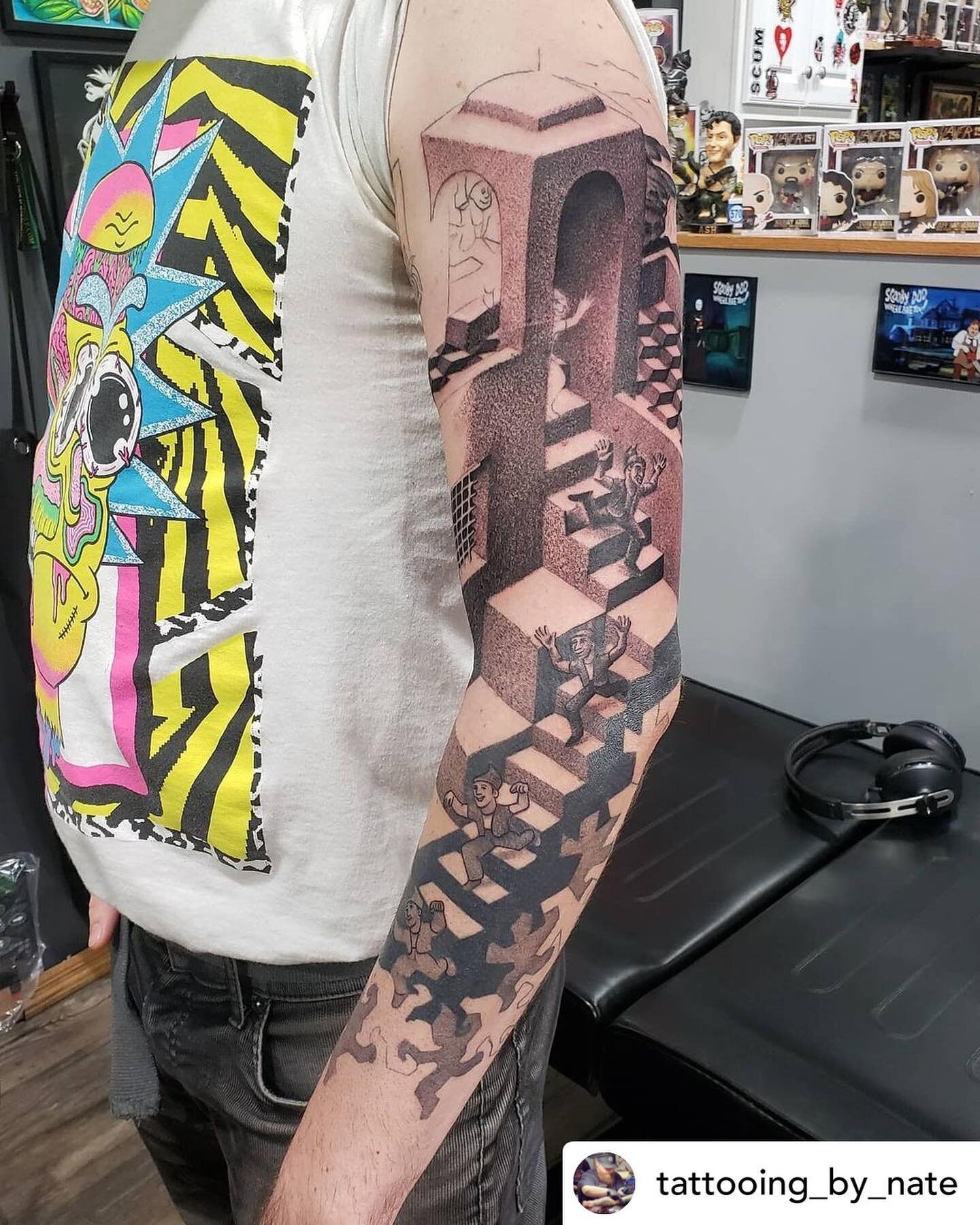 Made by: @tattooing_by_nate 
⚡️⚡️

Posted @withregram &bull; @tattooing_by_nate Check out this crazy MC Escher sleeve I've been lucky enough to tattoo! Thanks Jesh!!!
.
.
.
#LightningRevivalTattooCompany #LightningRevivalTattooCo #LightningRevivalTat