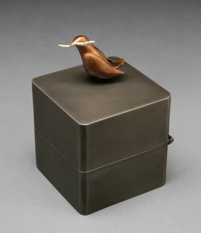 Indulge - music box, steel, bronze, silver, mixed media, 5.75” x 4” x 4”