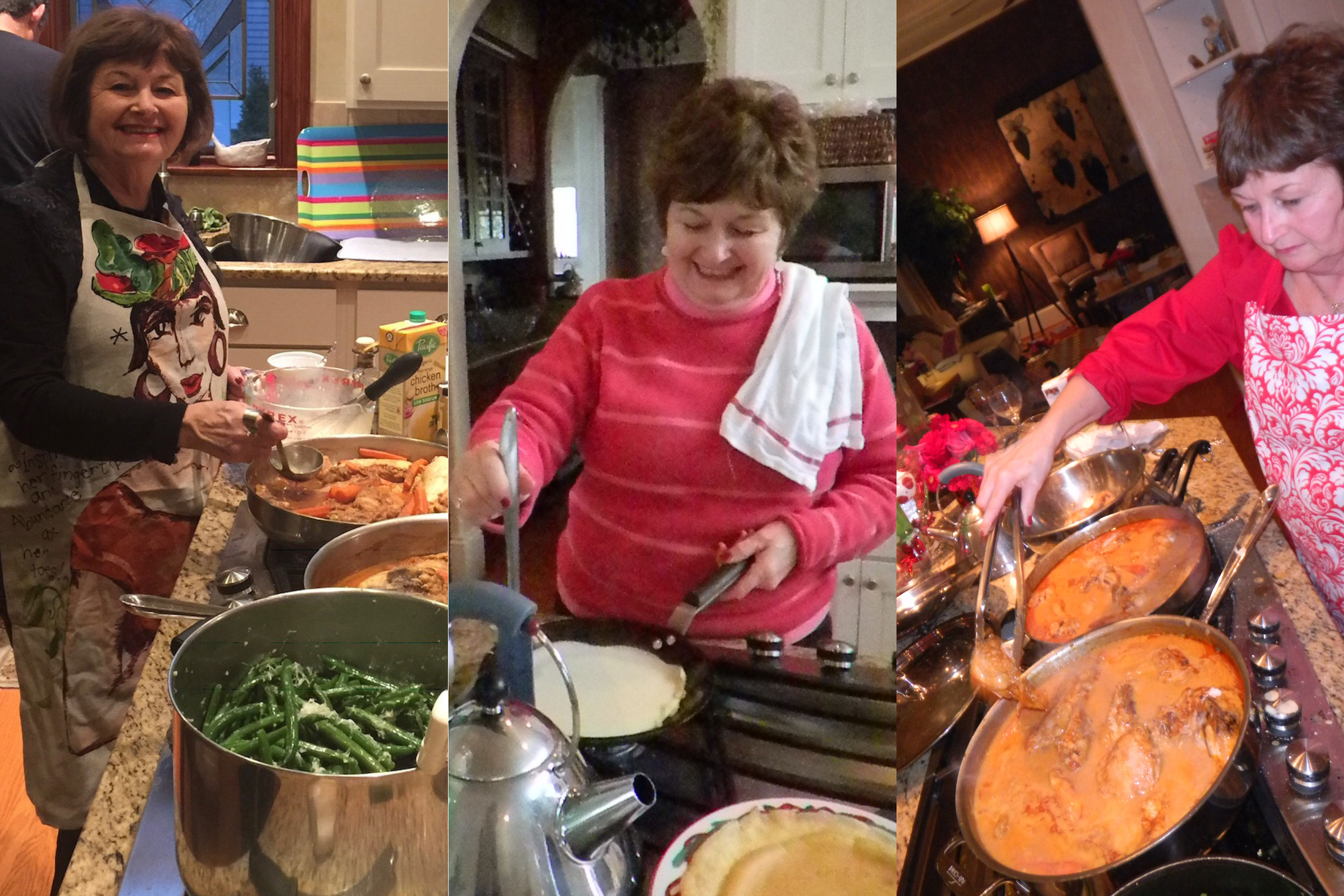 Mom cooking up Christmas feasts for our big family over the years. Our tradition is a family recipe for chicken paprikash and spaetzle for dinner and my mom’s famous (to me!) palacsinta for breakfast.