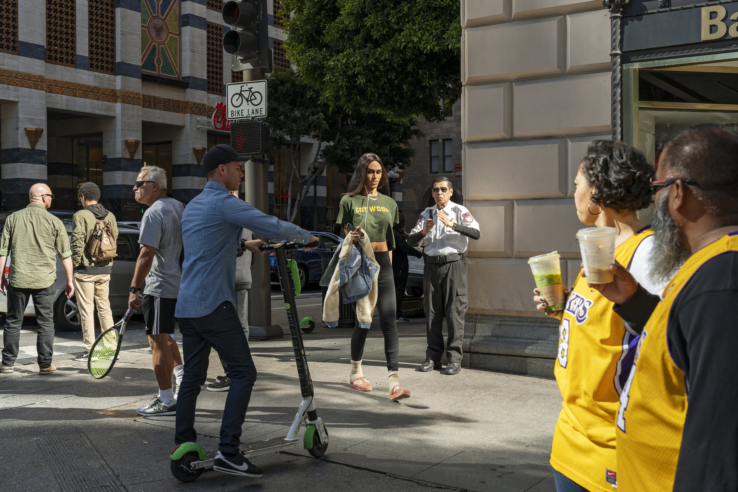 7th Street & Figueroa (Got Wood, Kobe Fans, Security Guard) Los Angeles, 2020 32x48" Archival Pigment Print