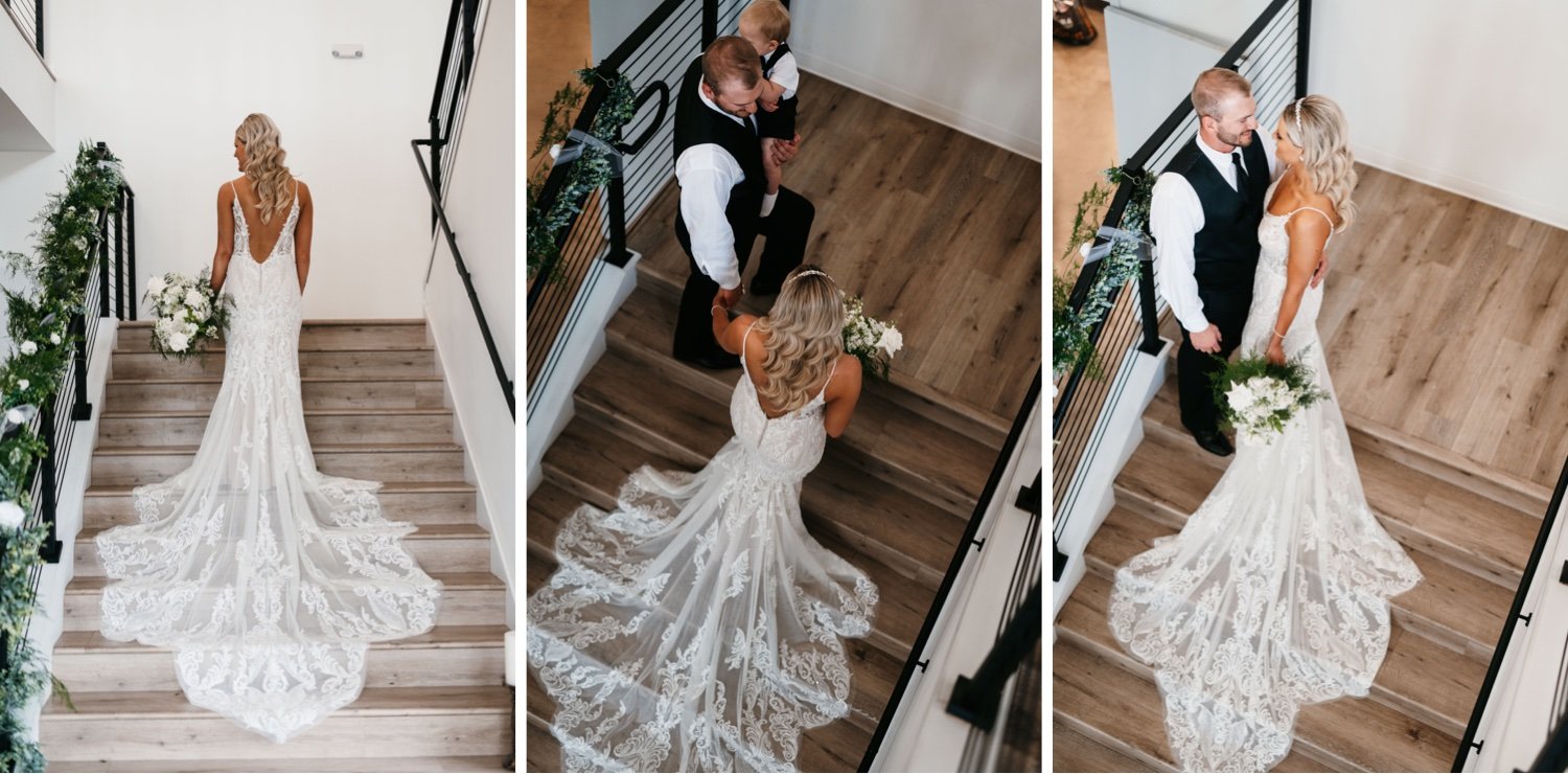 15_KFF_1553_KFF_1525_KFF_1580_ariel wedding day photo of bride and groom on stairs_Wedding dress train on staircase.jpg