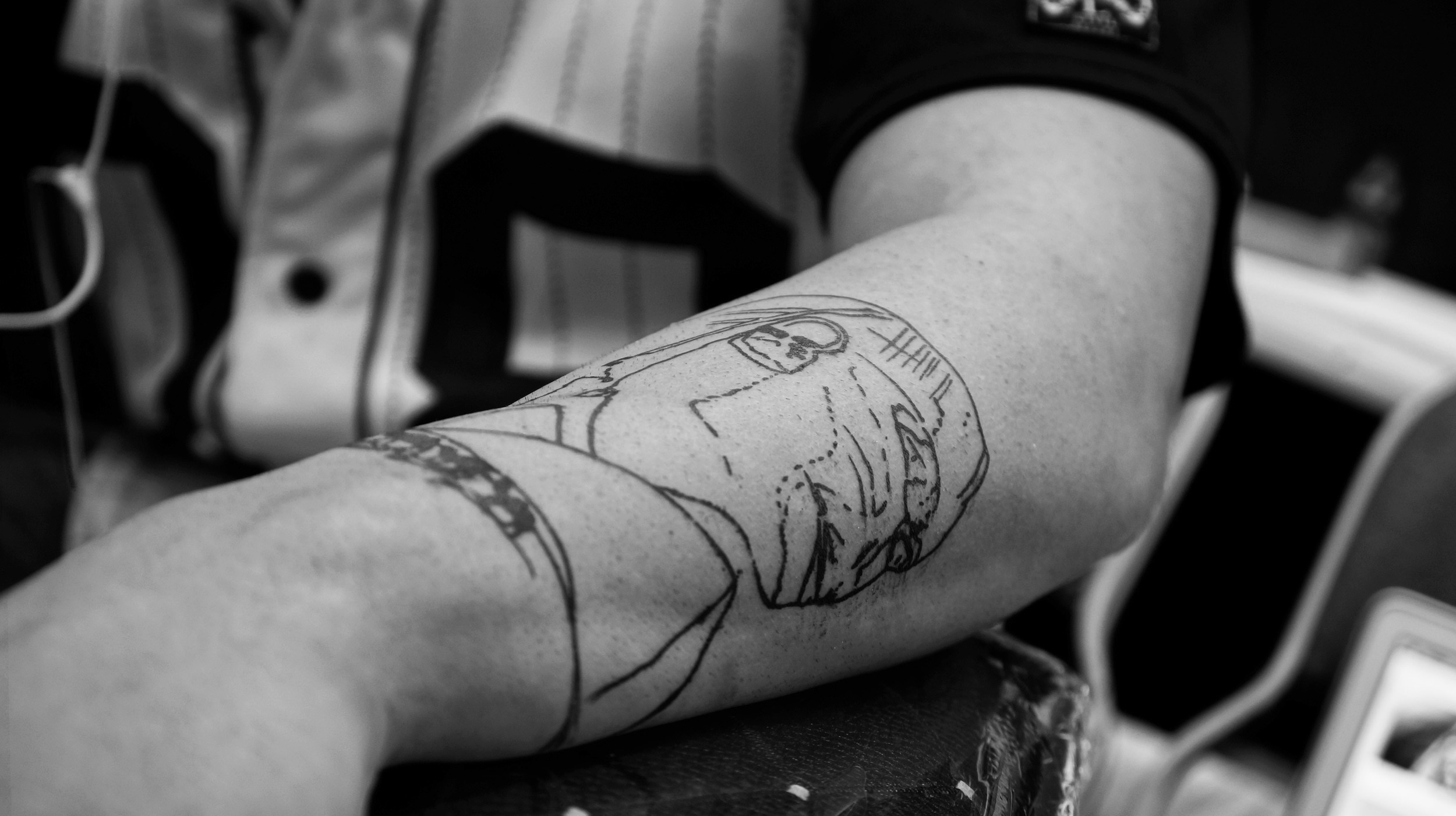On the last day of the convention, I actually gave a new client his first tattoo! We're starting an Egyptian themed sleeve on his left arm. In this photo I have the stencil laid, dried, and ready to go!