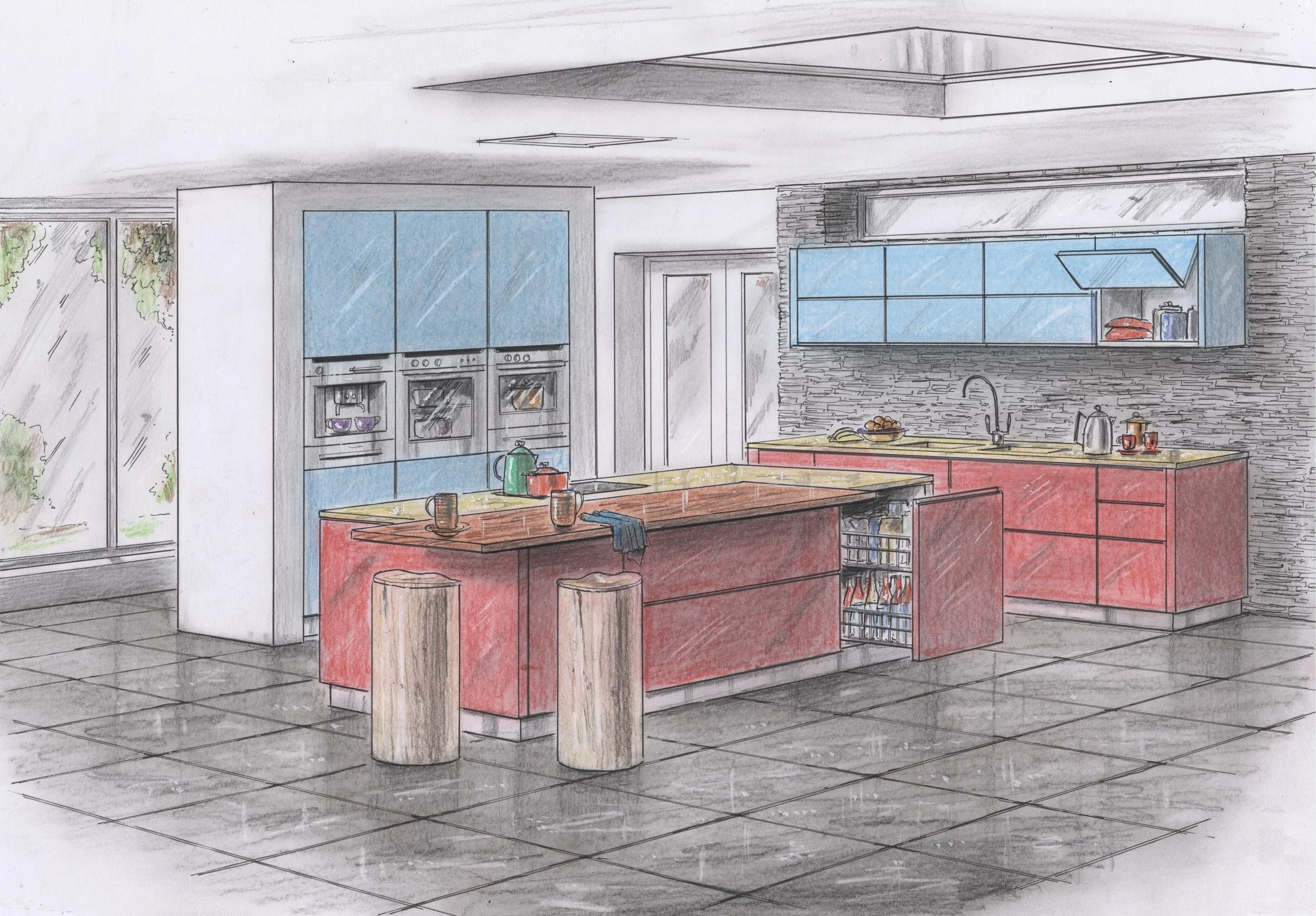 contemporary kitchen blue  + red.jpg