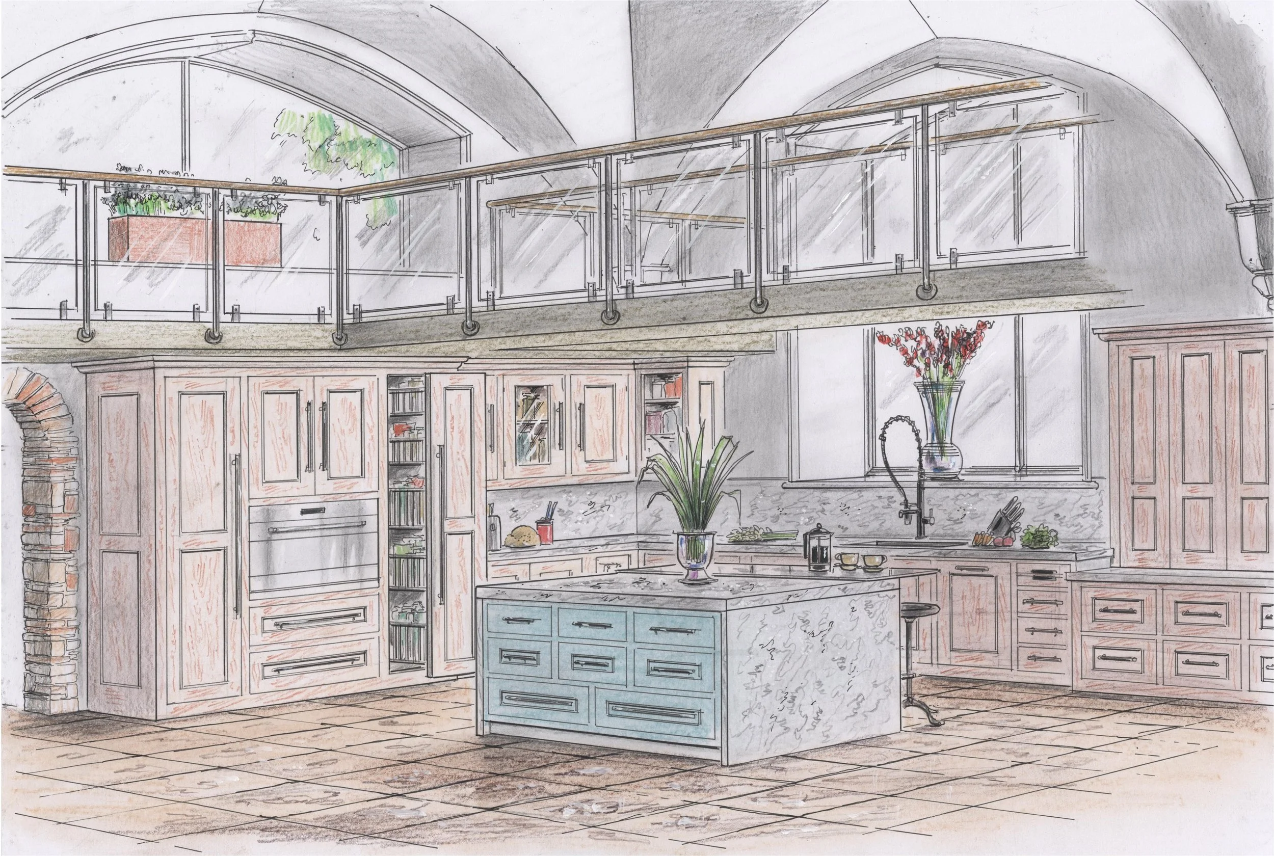 oak kitchen with simple gallery + high vaulted ceiling.jpg