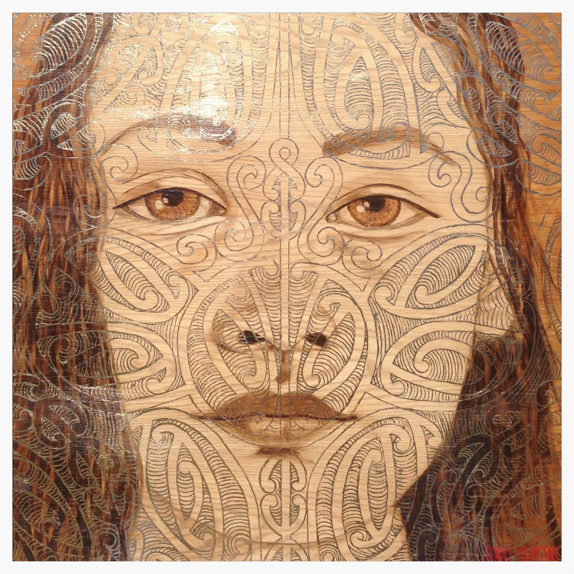 MAKING THEIR MARK - MAORI GIRL III acrylic and generic gold leaf on oak board 800 x 800 SOLD