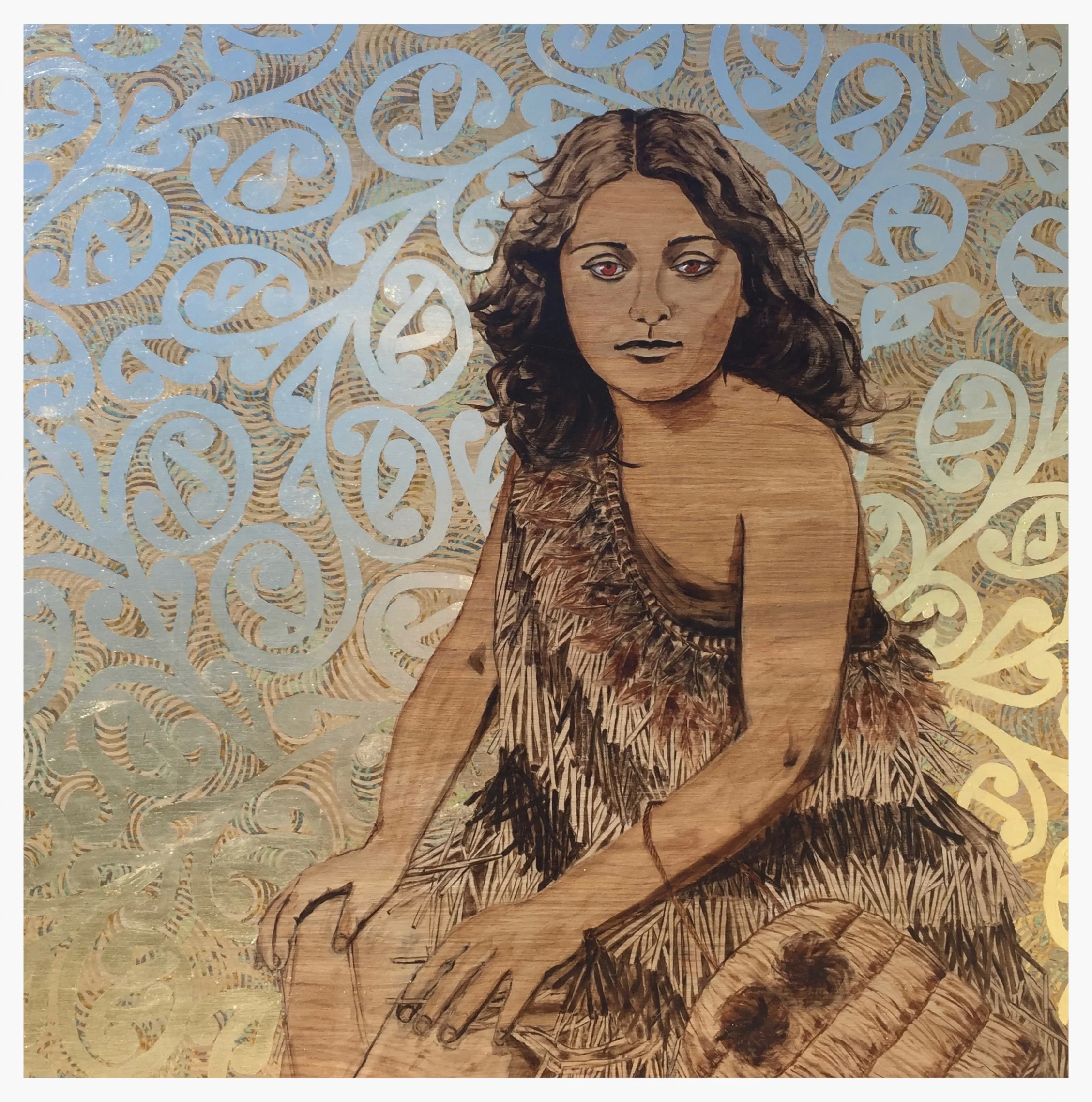 MAKING THEIR MARK - MĀORI GIRL WITH CLOAK acrylic and generic generic gold leaf on oak board 1100 X 1100 SOLD