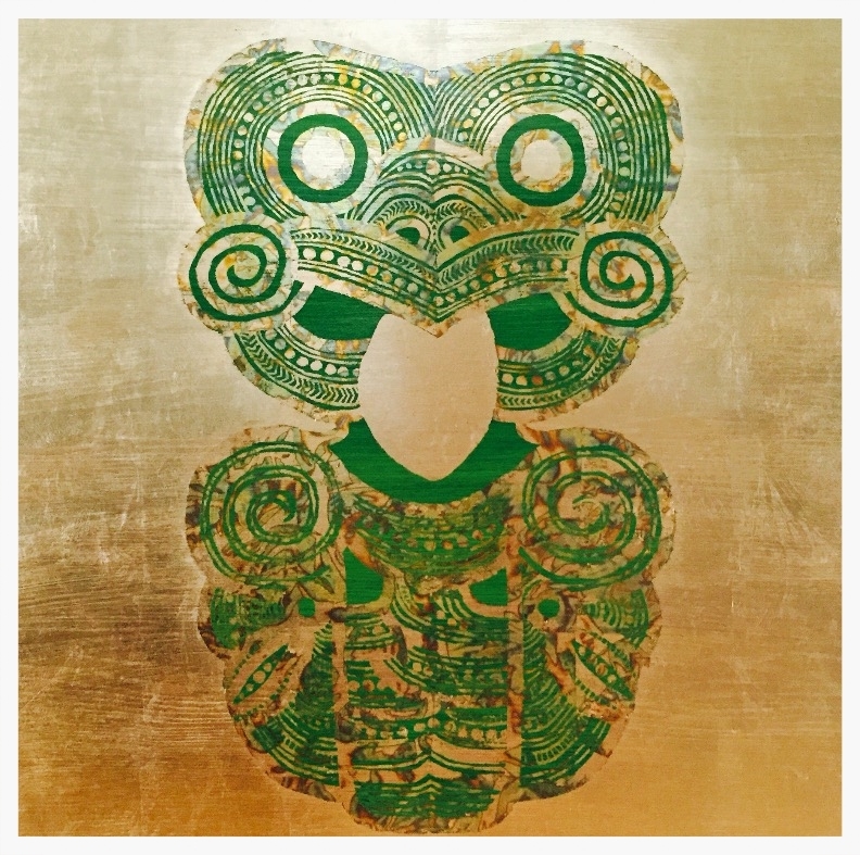 HEI TIKI - WAIMARIE KĀKĀRIKI acrylic and generic gold and variegated leaf on oak board 800 x 800 SOLD