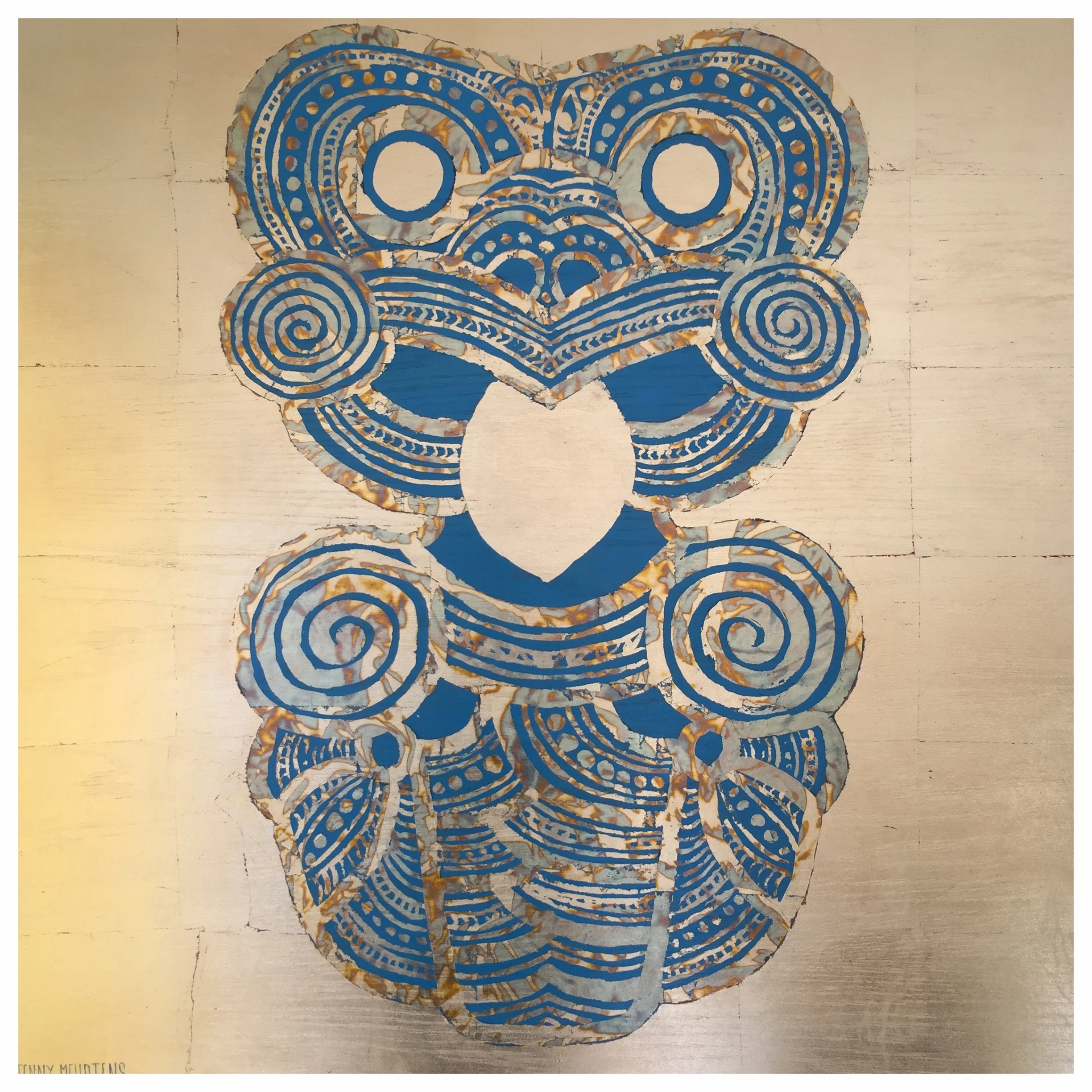 HEI TIKI - AUMOANA (OCEAN) acrylic and generic gold and variegated leaf on oak board 800 x 800 white box frame SOLD