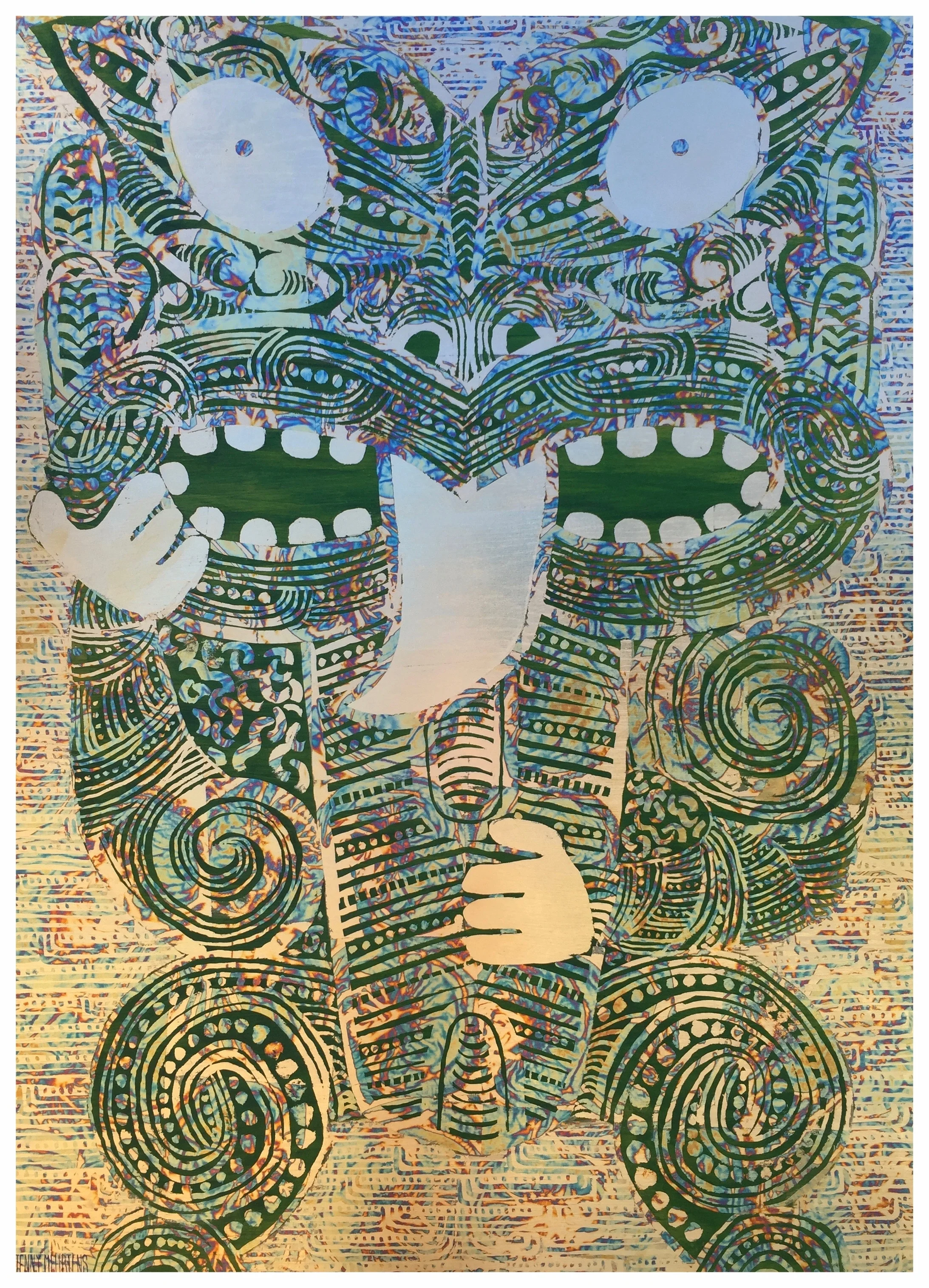 HEI TIKI - PATAKA POST KĀKĀRIKI acrylic and generic gold and variegated leaf on oak board 800 x 1100 SOLD