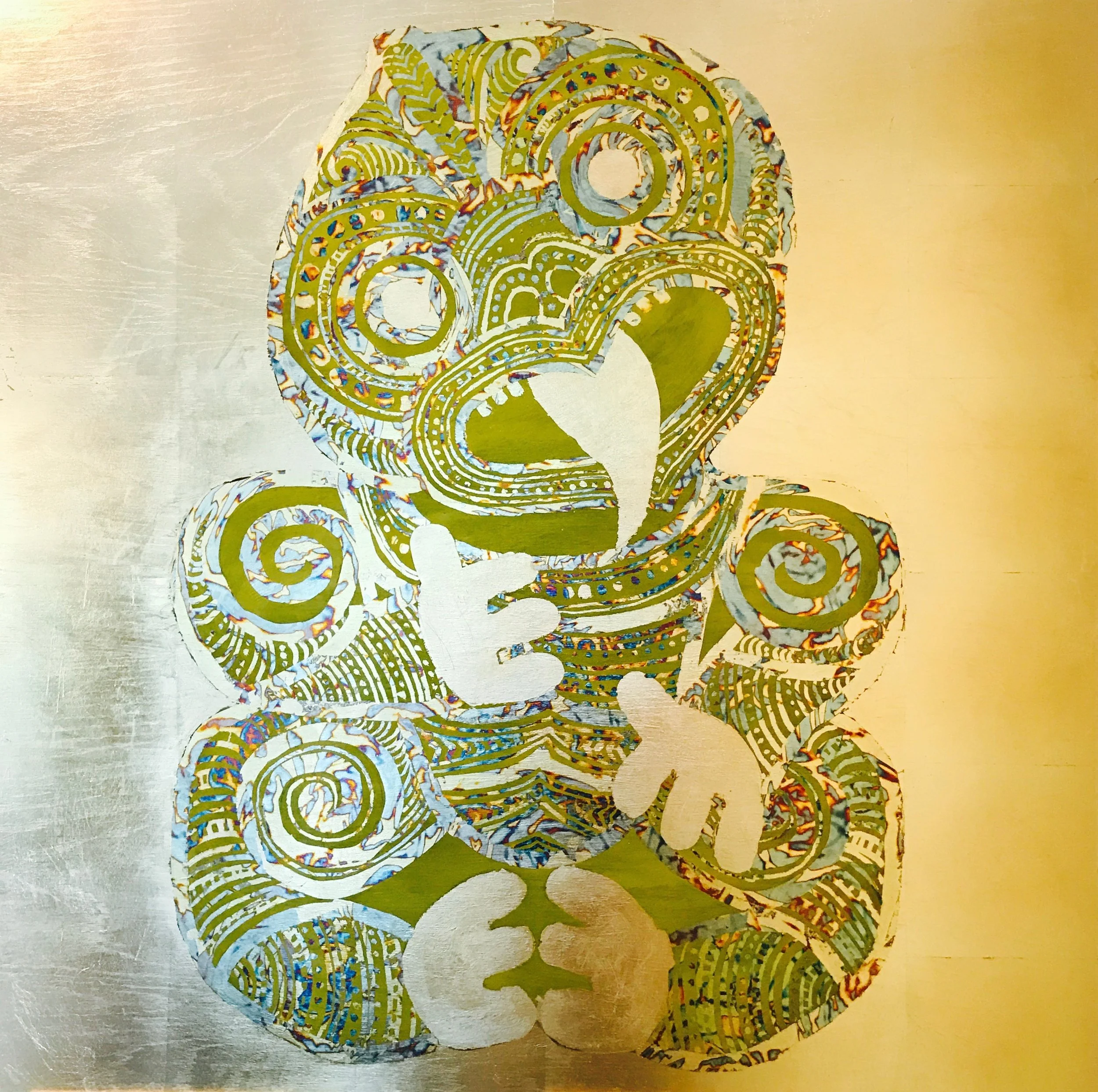 HEI TIKI - TUPU (new growth) acrylic and generic gold and variegated leaf on oak board 800 x 800 SOLD