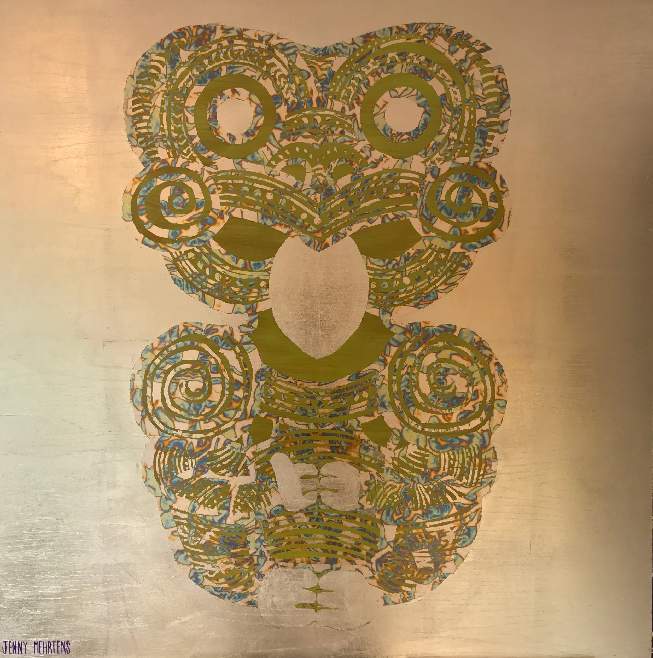 HEI TIKI - KĀRIKIKÕWHAI acrylic and generic gold and variegated leaf on oak board 800 x 800 $5250