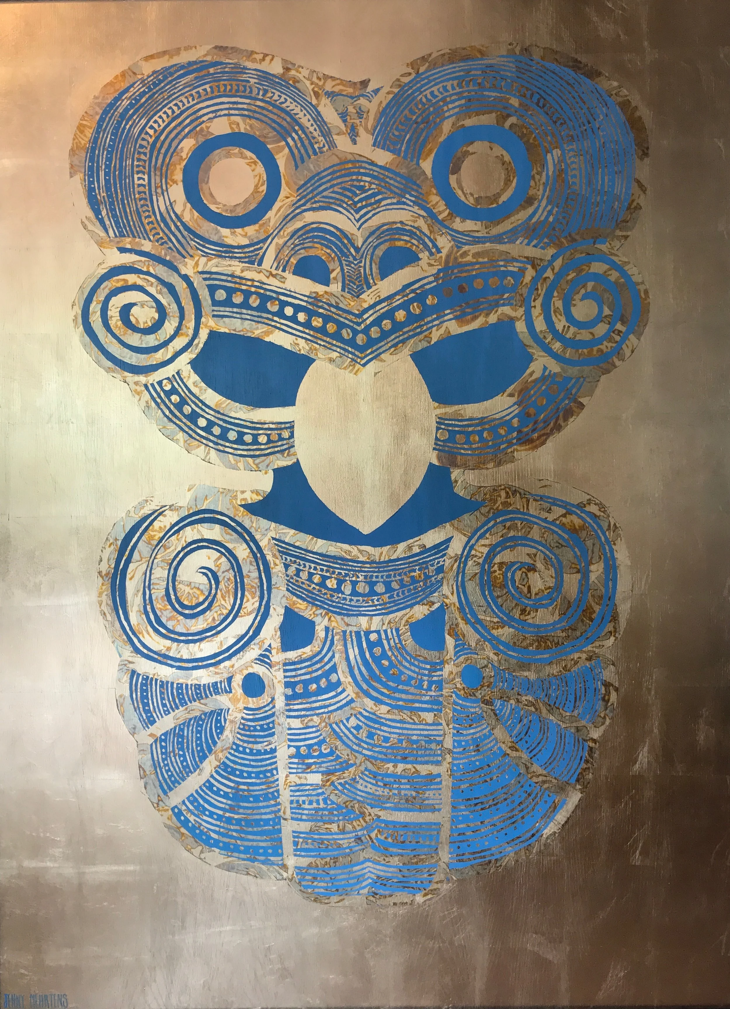 HEI TIKI – AUMOANA (ocean) Large acrylic and generic gold and variegated leaf on oak board 1600 x 1200 white box frame $11,950