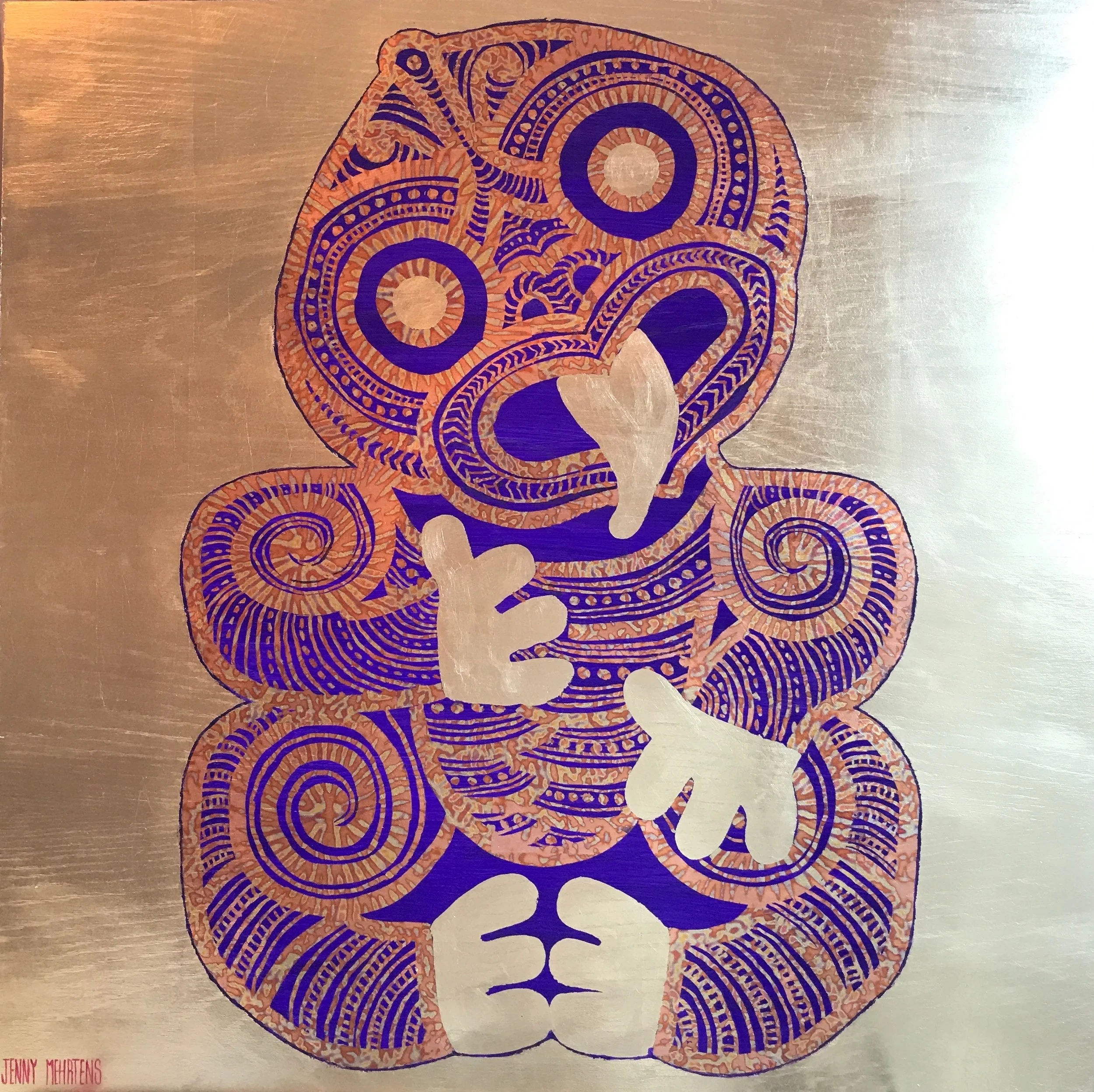 HEI TIKI - WAIPOROPORO (PURPLE) acrylic and generic gold and variegated leaf on oak board 800 x 800 SOLD