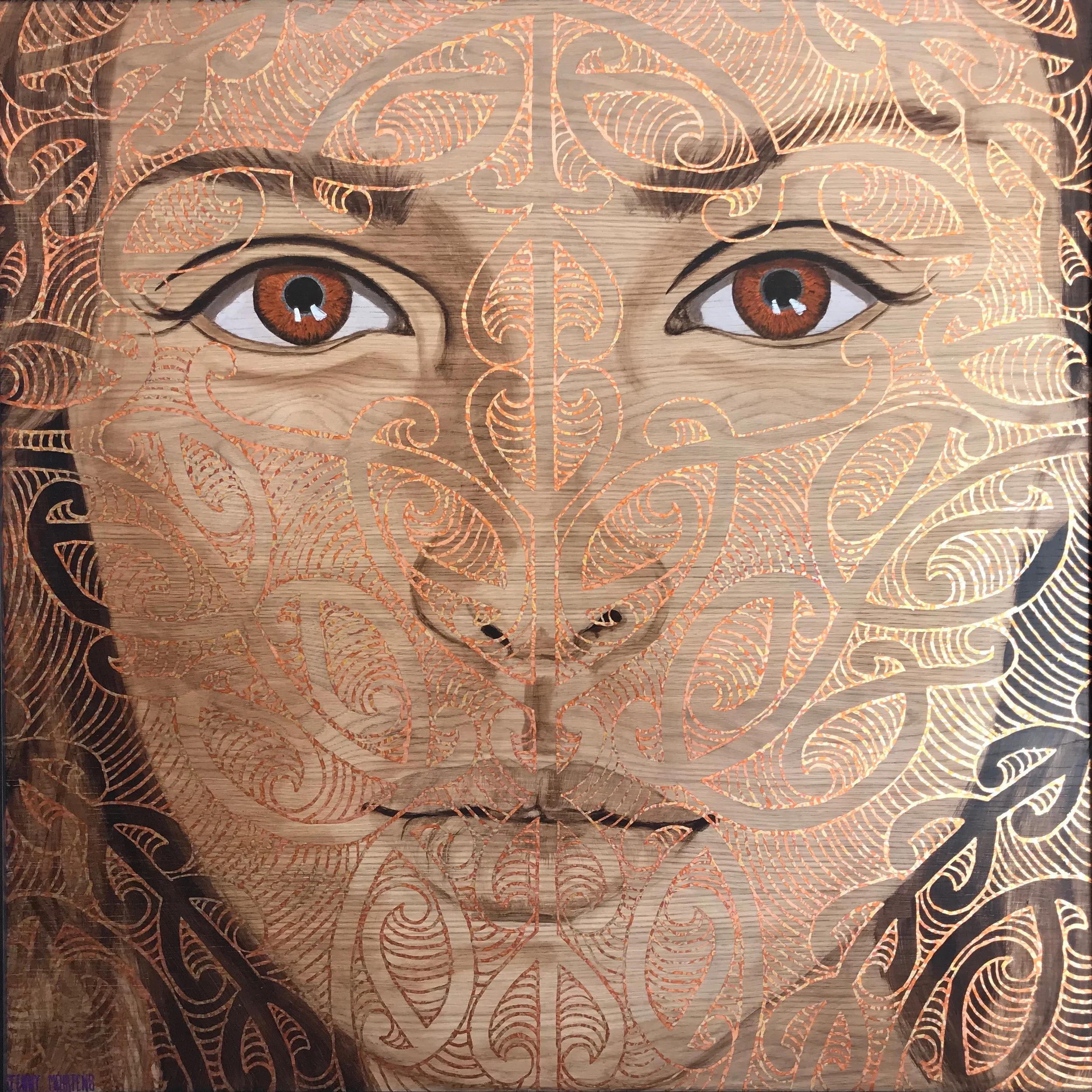 MAKING THEIR MARK - MANATA acrylic and variegated leaf on oak board 1100 x 1100 SOLD