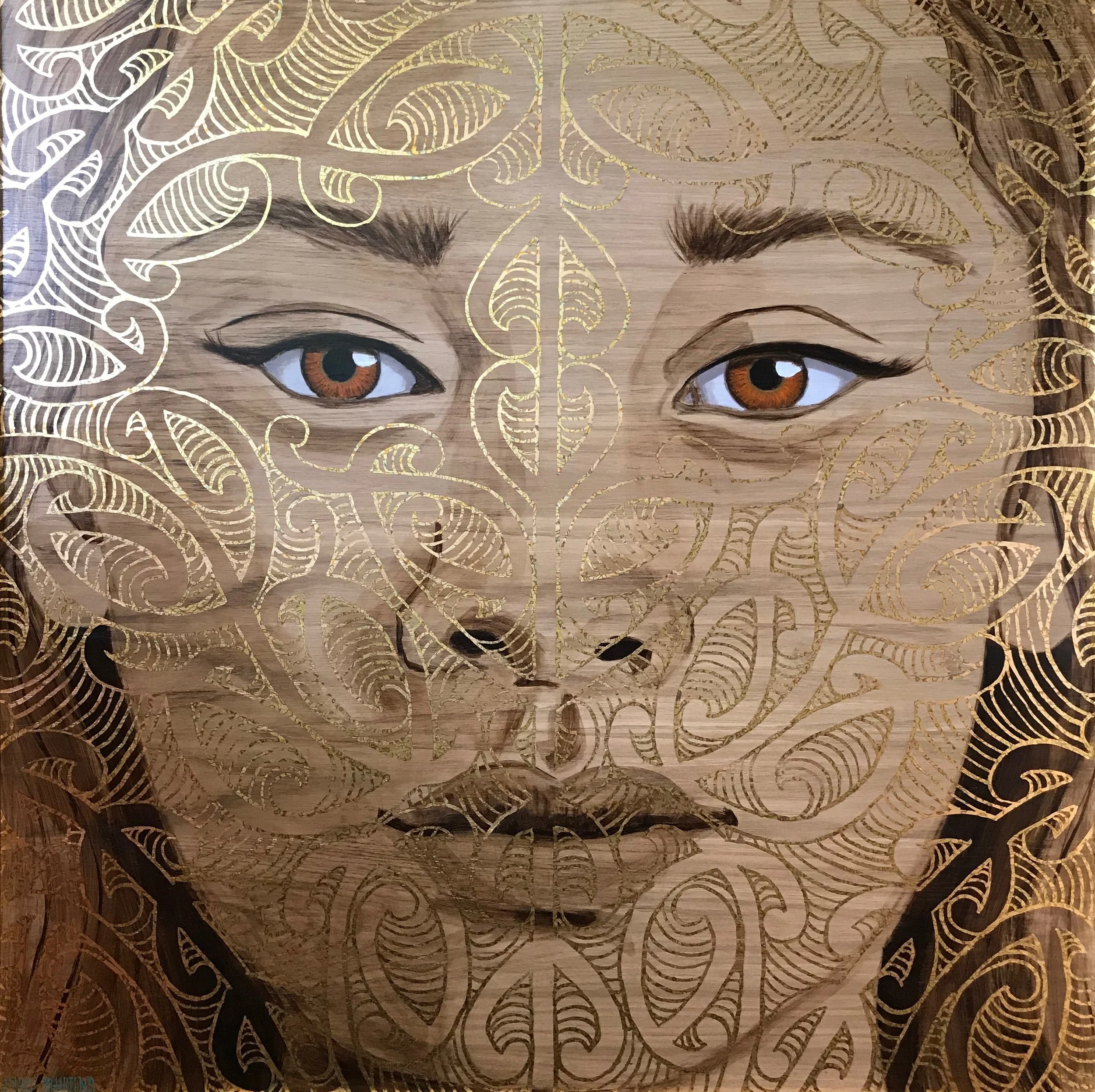 MAKING THEIR MARK - KŌTIRO acrylic and variegated leaf on oak board 1100 x 1100 gold leaf frame SOLD