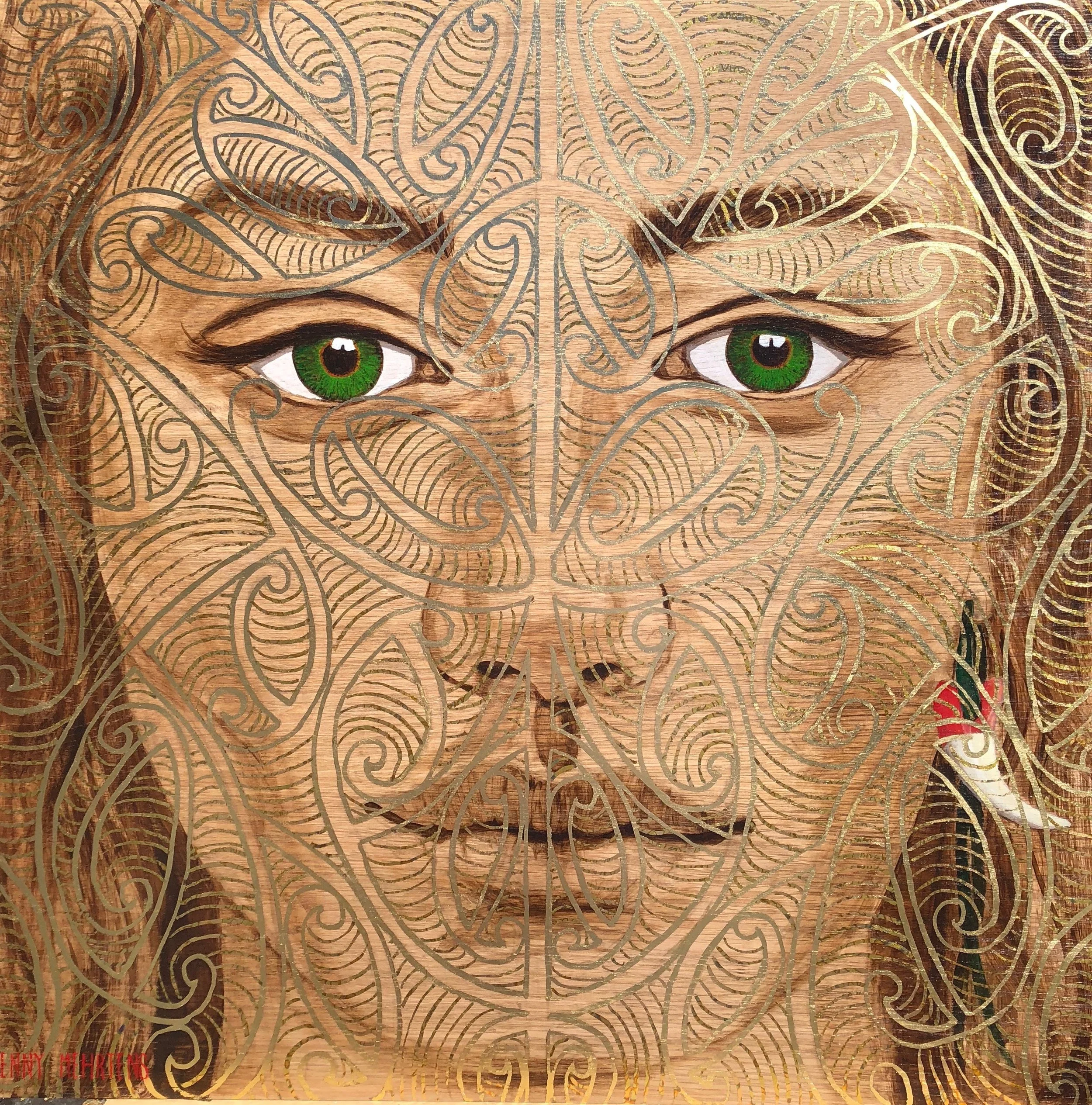 MAKING THEIR MARK - WOMAN WITH SHARK TOOTH EARRING acrylic and variegated and generic gold leaf on oak board 800 x 800 SOLD