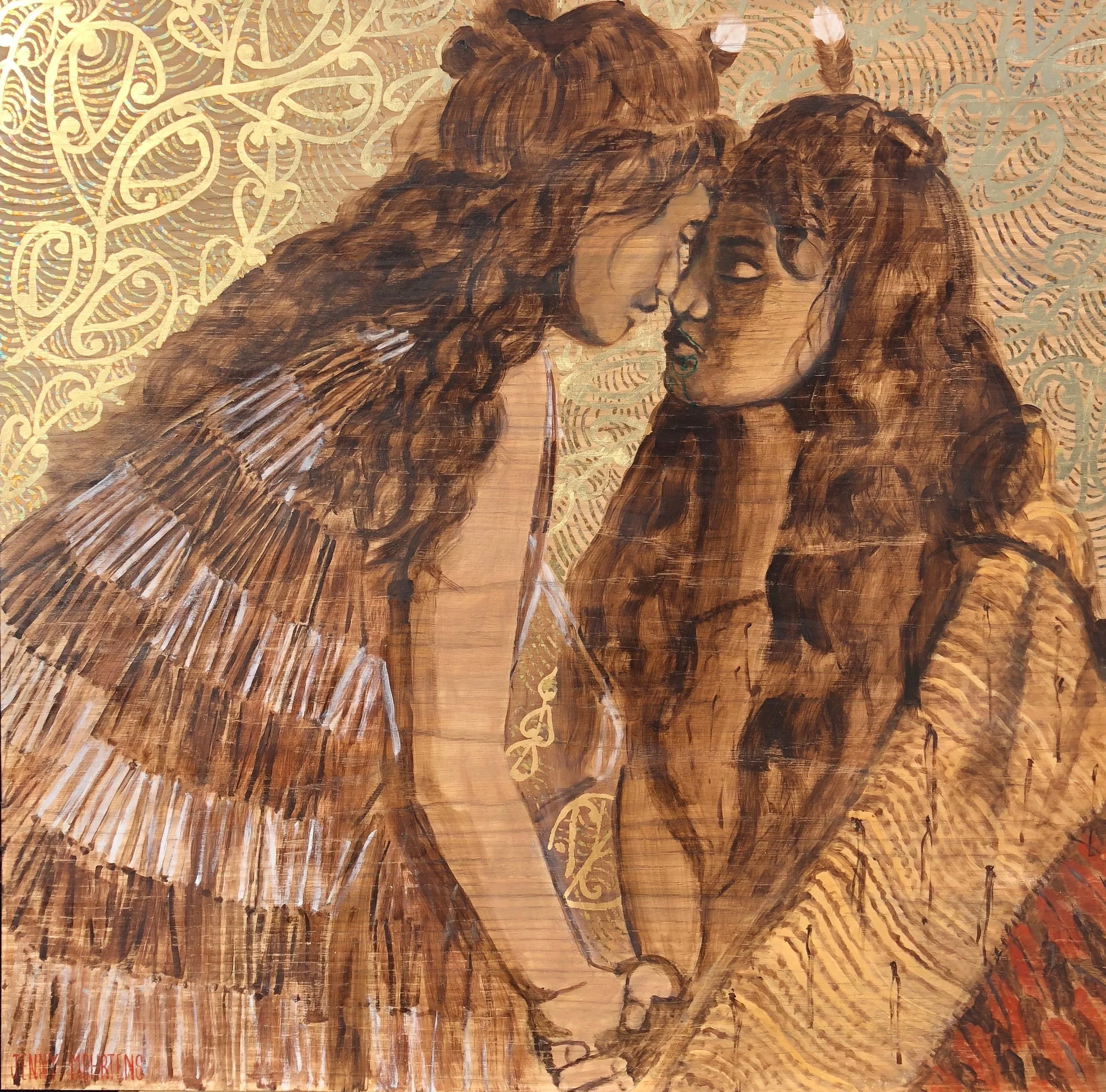 MAKING THEIR MARK - HONGI, MOTHER & DAUGHTER acrylic and variegated and generic gold leaf on oak board 800 x 800 SOLD