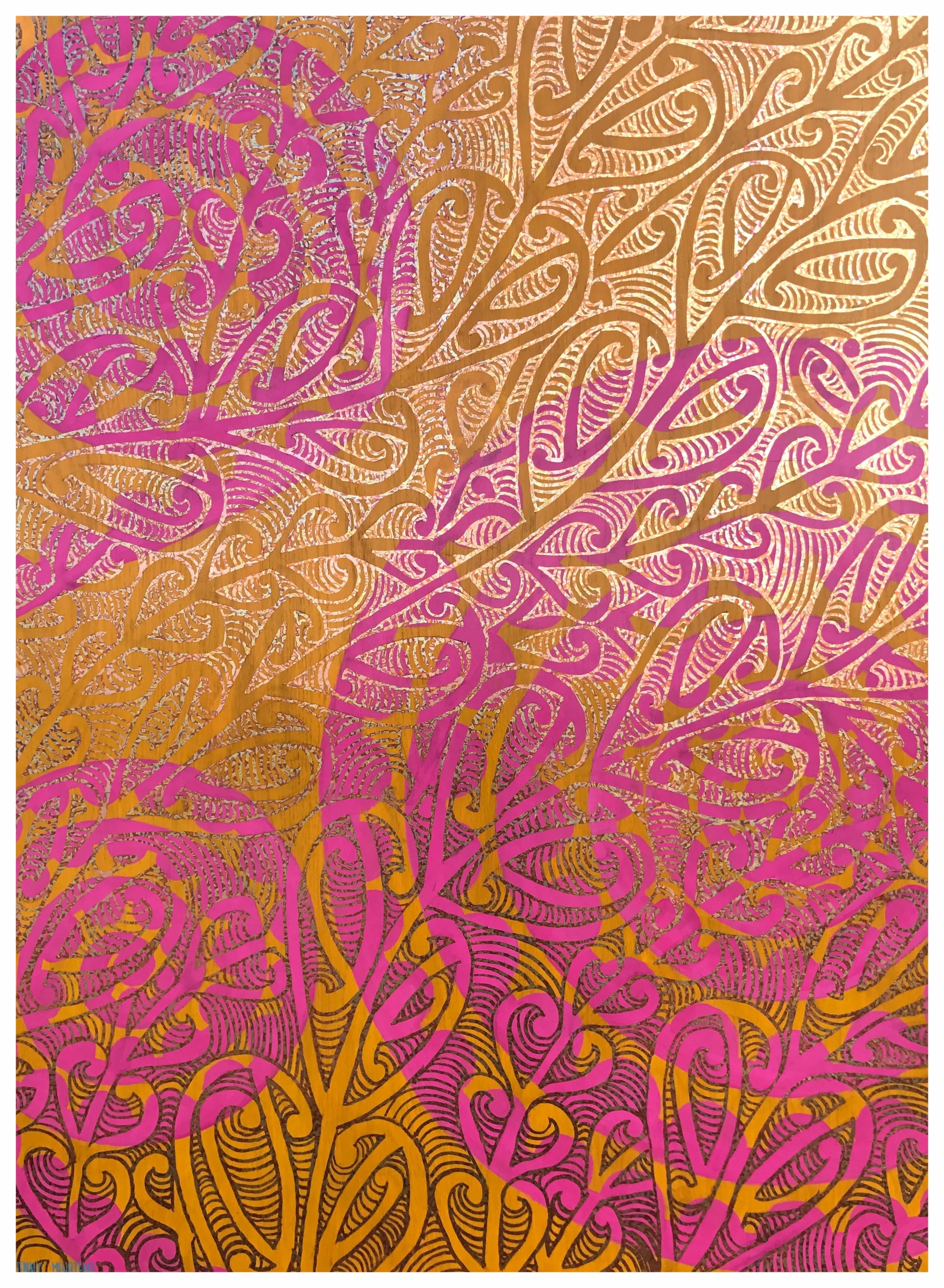 LIFE LINES - PINK AND YELLOW acrylic and gold leaf on oak board 1200 x 1600 white box frame $9950