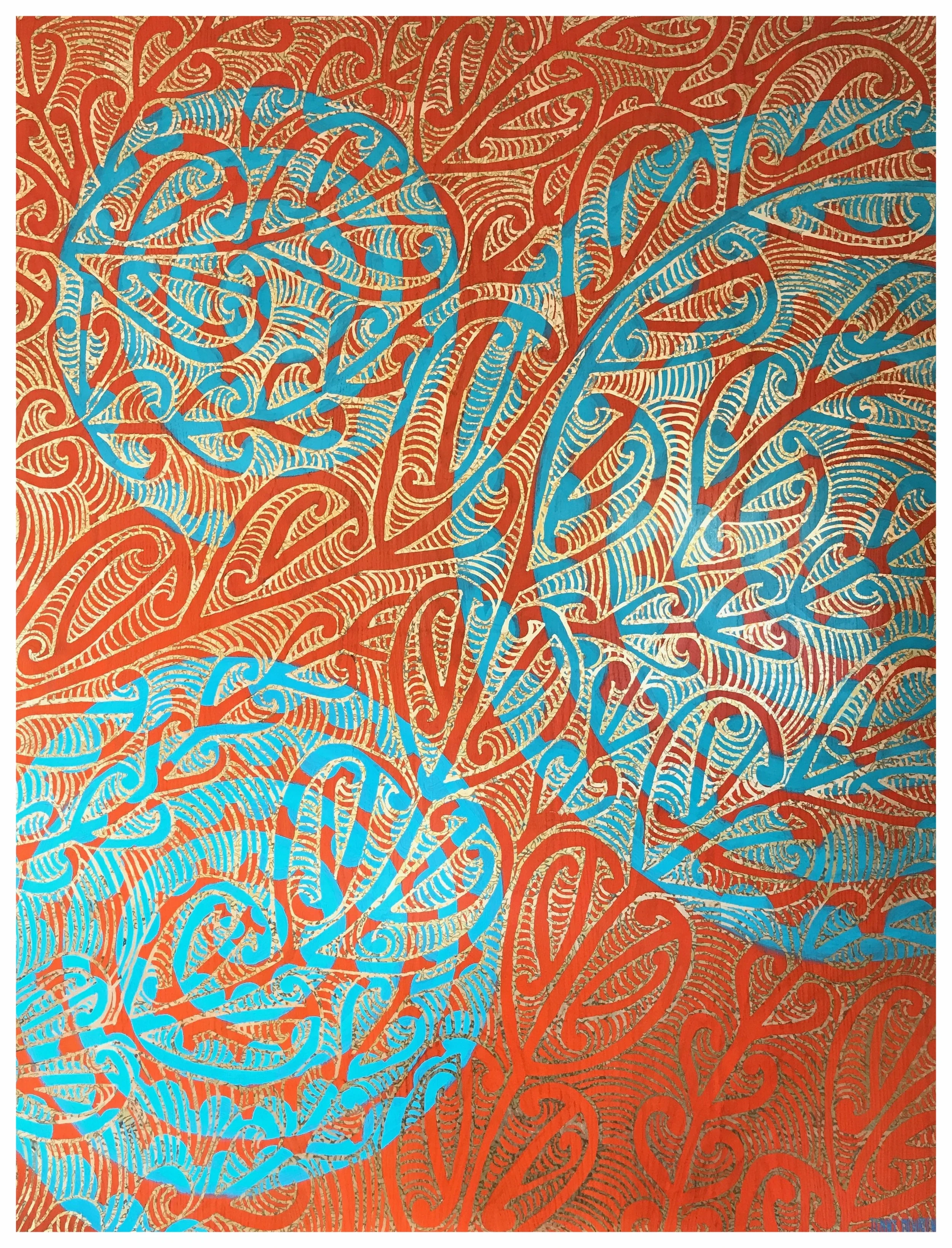 LIFE LINES - BLUE AND ORANGE acrylic and gold leaf on oak board 1200 x 1600 white box frame SOLD