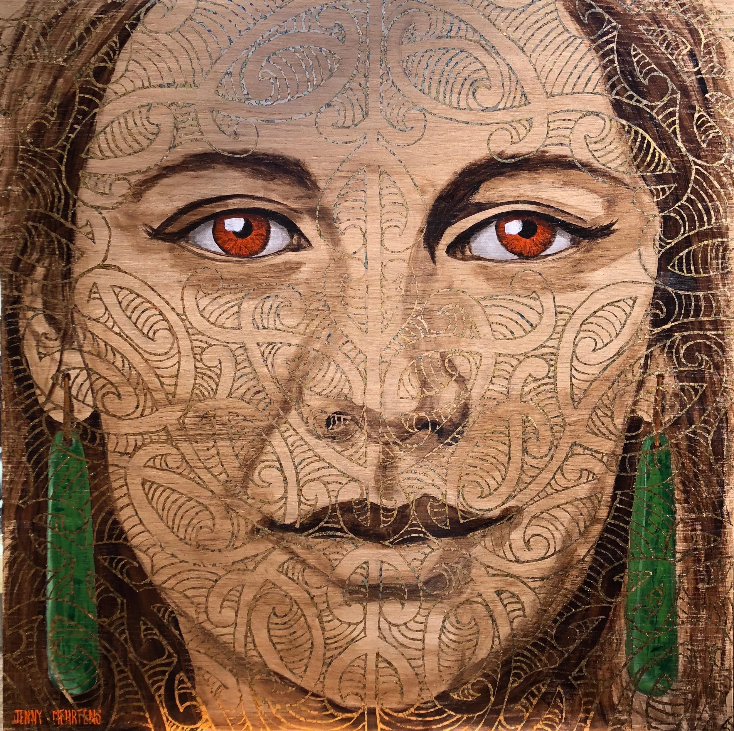 MAKING THEIR MARK - GUIDE MAGGIE WITH POUNAMU EARRINGS acrylic and variegated gold leaf on oak board 800 x 800 dark box frame SOLD