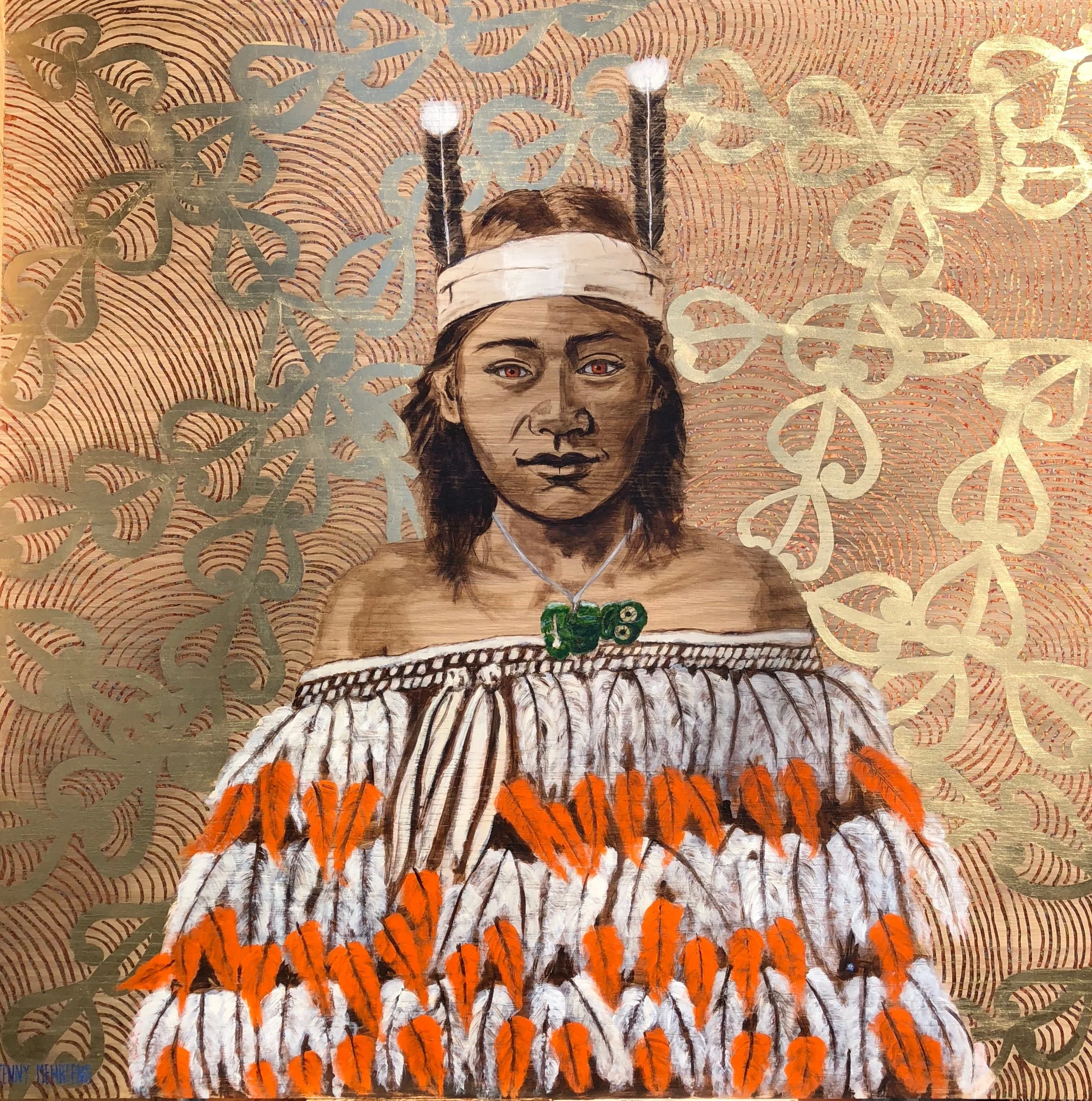 MAKING THEIR MARK - MĀORI GIRL WITH TWO HUIA FEATHERS acrylic and generic gold and variegated leaf on oak board 1100 x 1100 $12,250