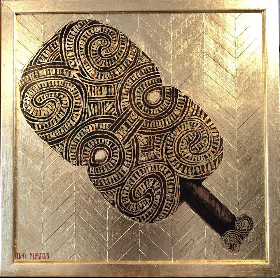 OTAGO KOTIATE acrylic, paper, variegated and generic gold leaf on oak board 38cm x 38cm SOLD