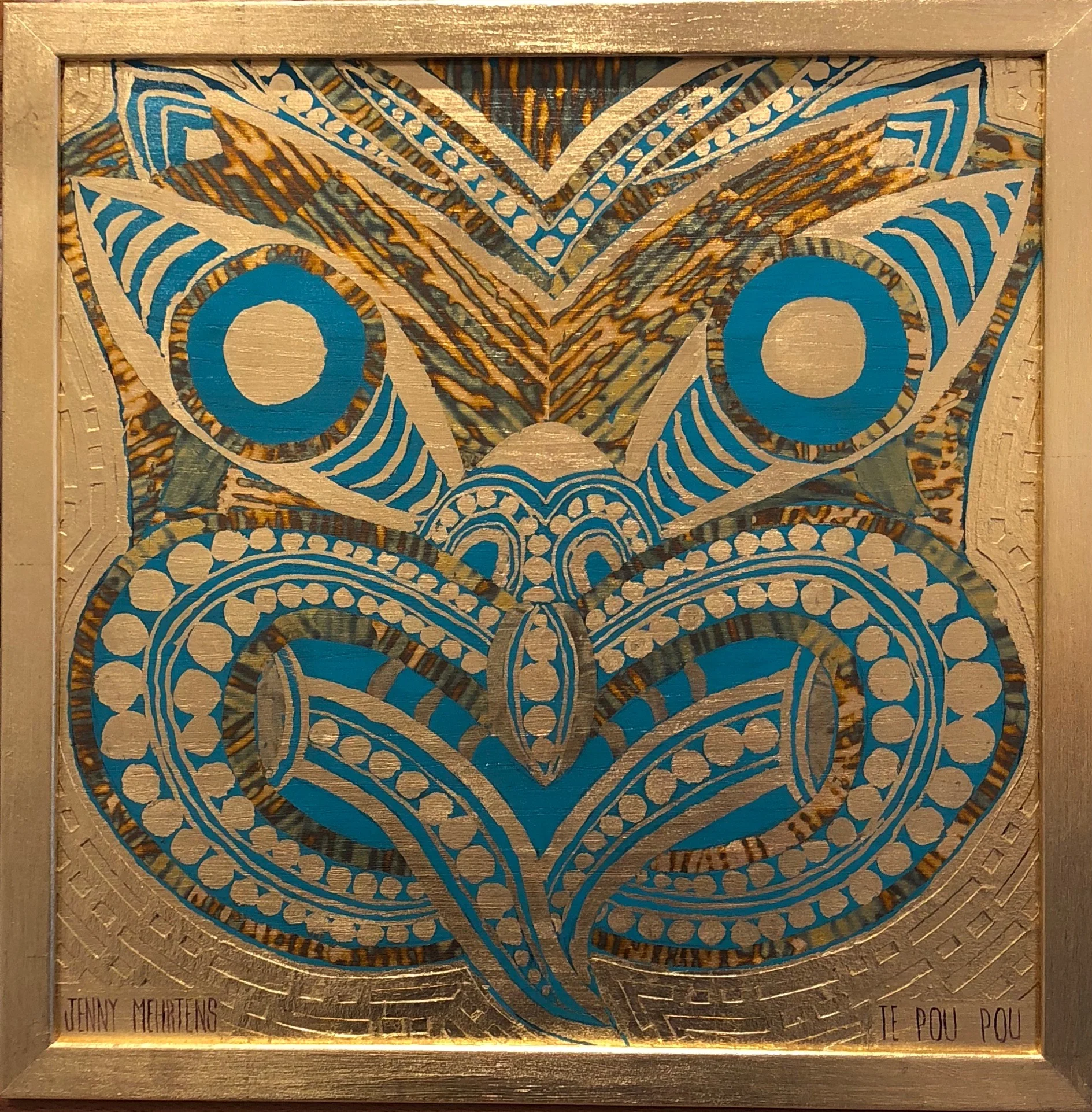 TE POU POU acrylic, paper, variegated and generic gold leaf on oak board generic gold frame 350 x 350 sold