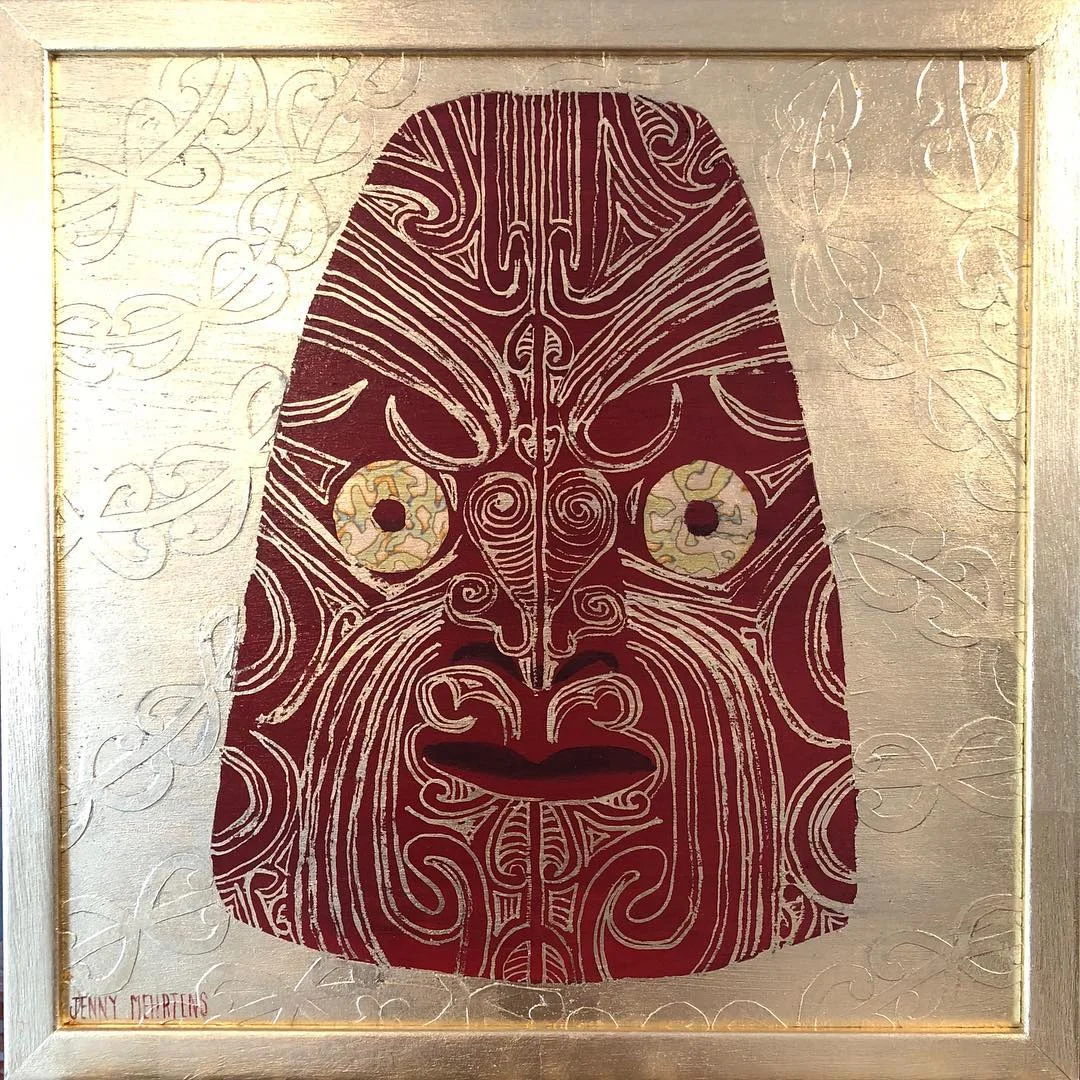 JEWEL SERIES - WAKA FRAGMENT acrylic, paper, variegated and generic gold leaf on oak board generic gold frame 38cm x 38cm $4950