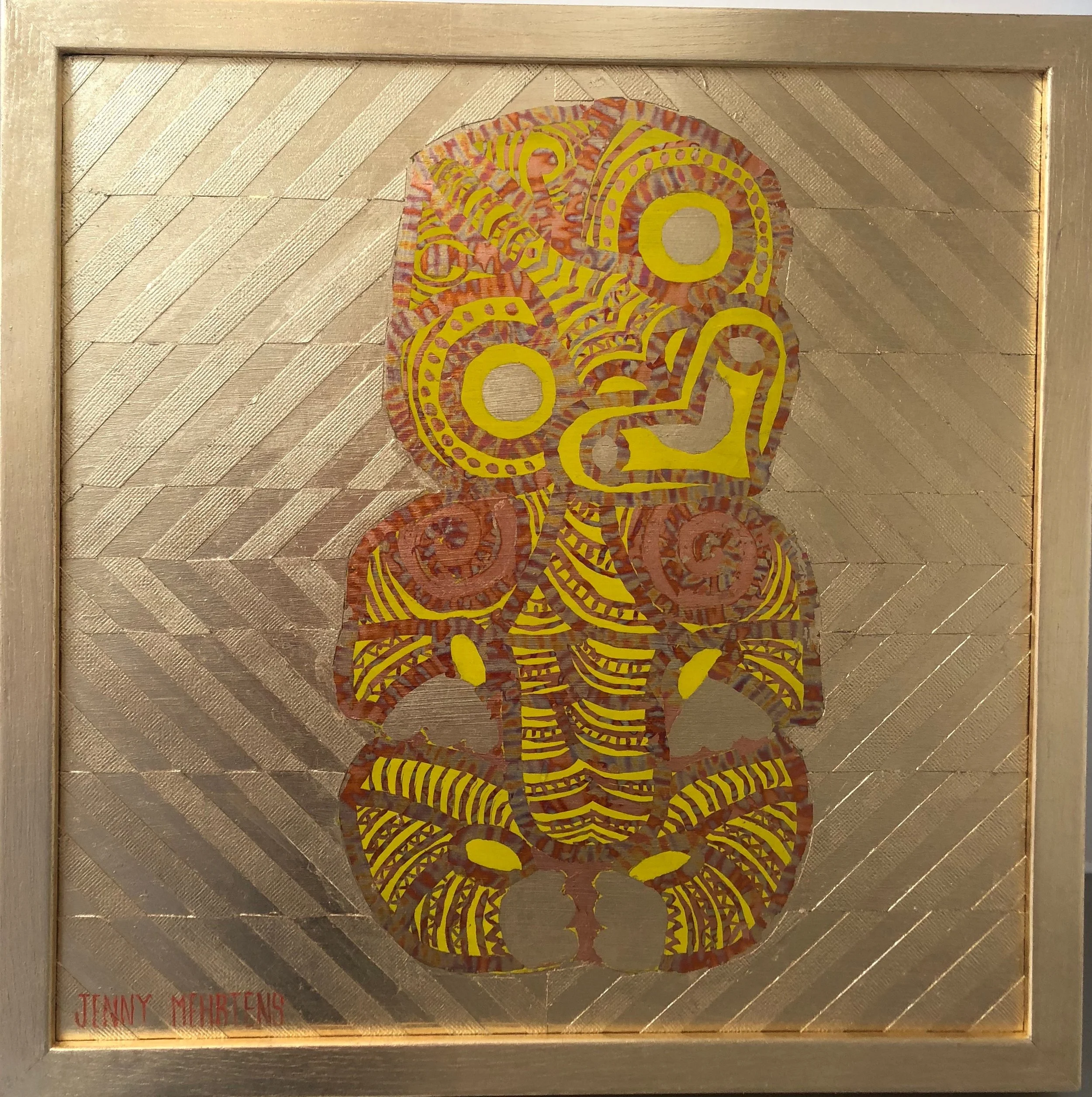 HEI TIKI - ARAHURA POUNAMU acrylic, paper, variegated and generic gold leaf on oak board generic gold frame 350 x 350 SOLD