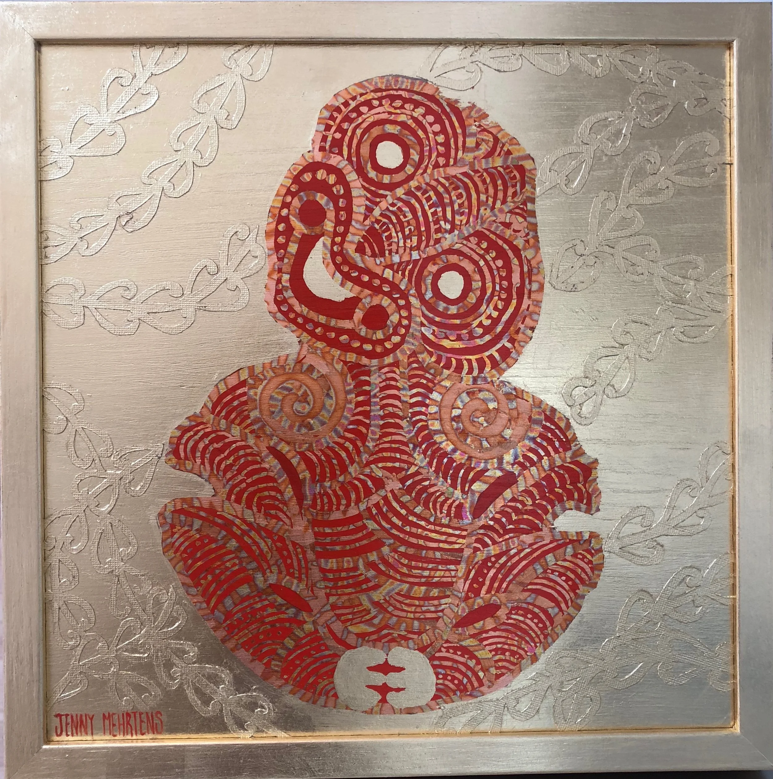 HEI TIKI - WAKATIPU POUNAMU acrylic, paper, variegated and generic gold leaf on oak board generic gold frame 350 x 350 SOLD