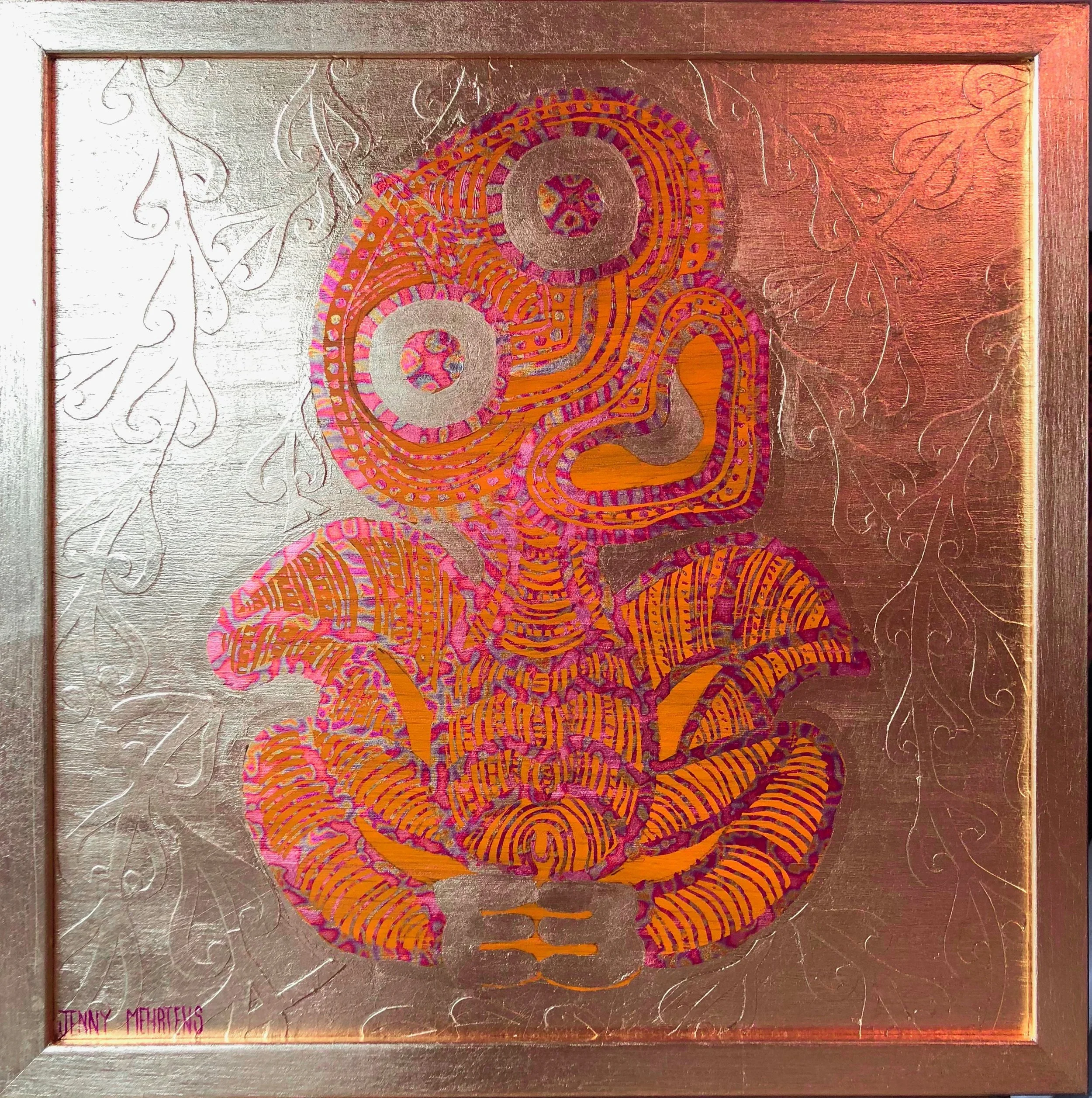 HEI TIKI - FROM MAHIA acrylic, paper, variegated and generic gold leaf on oak board generic gold frame 350 x 350 SOLD