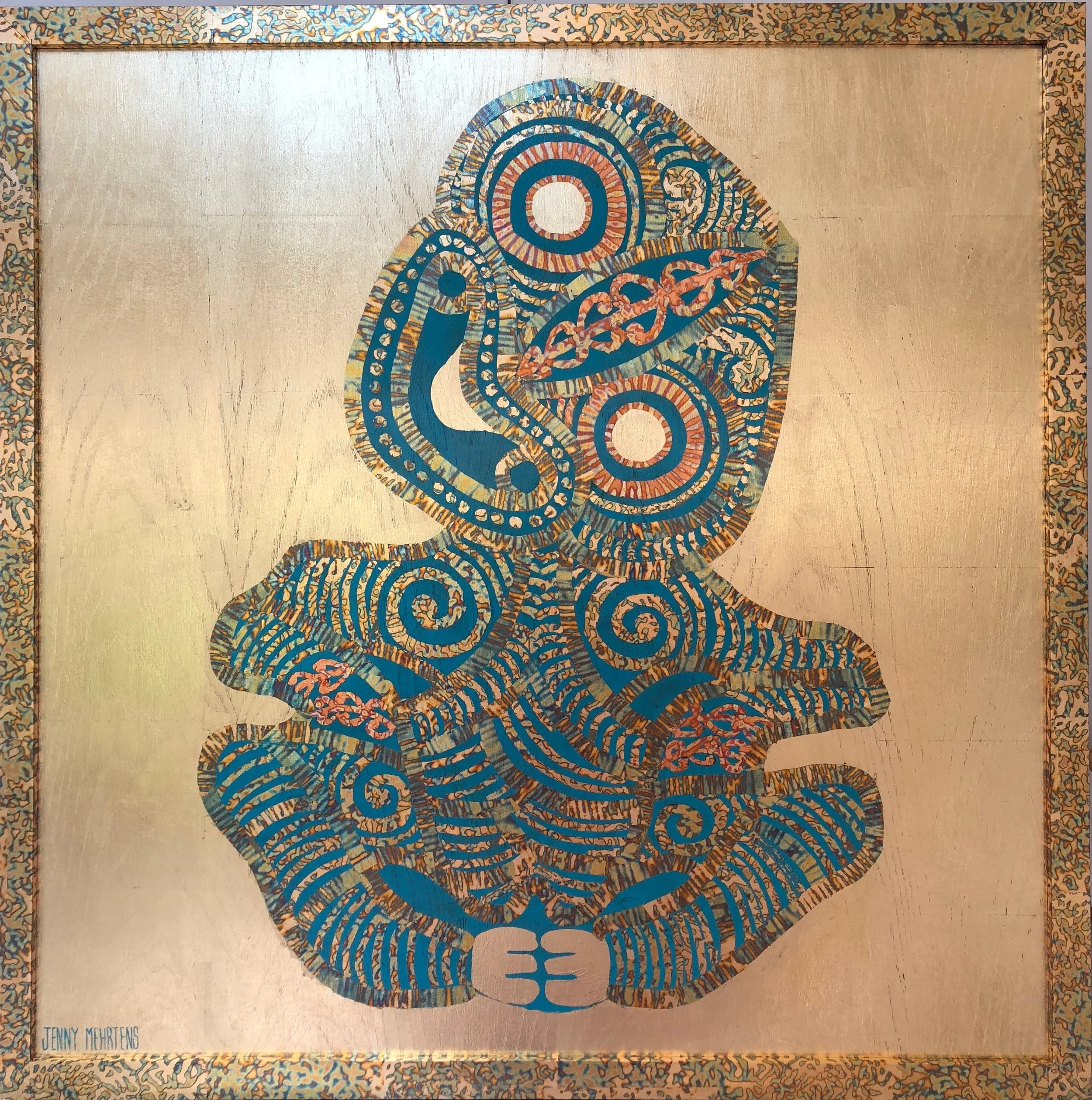 HEI TIKI - FOUND IN PARAPARAUMU, FROM WAKATIPU POUNAMU acrylic and variegated and generic leaf on oak board 800 x 800 SOLD