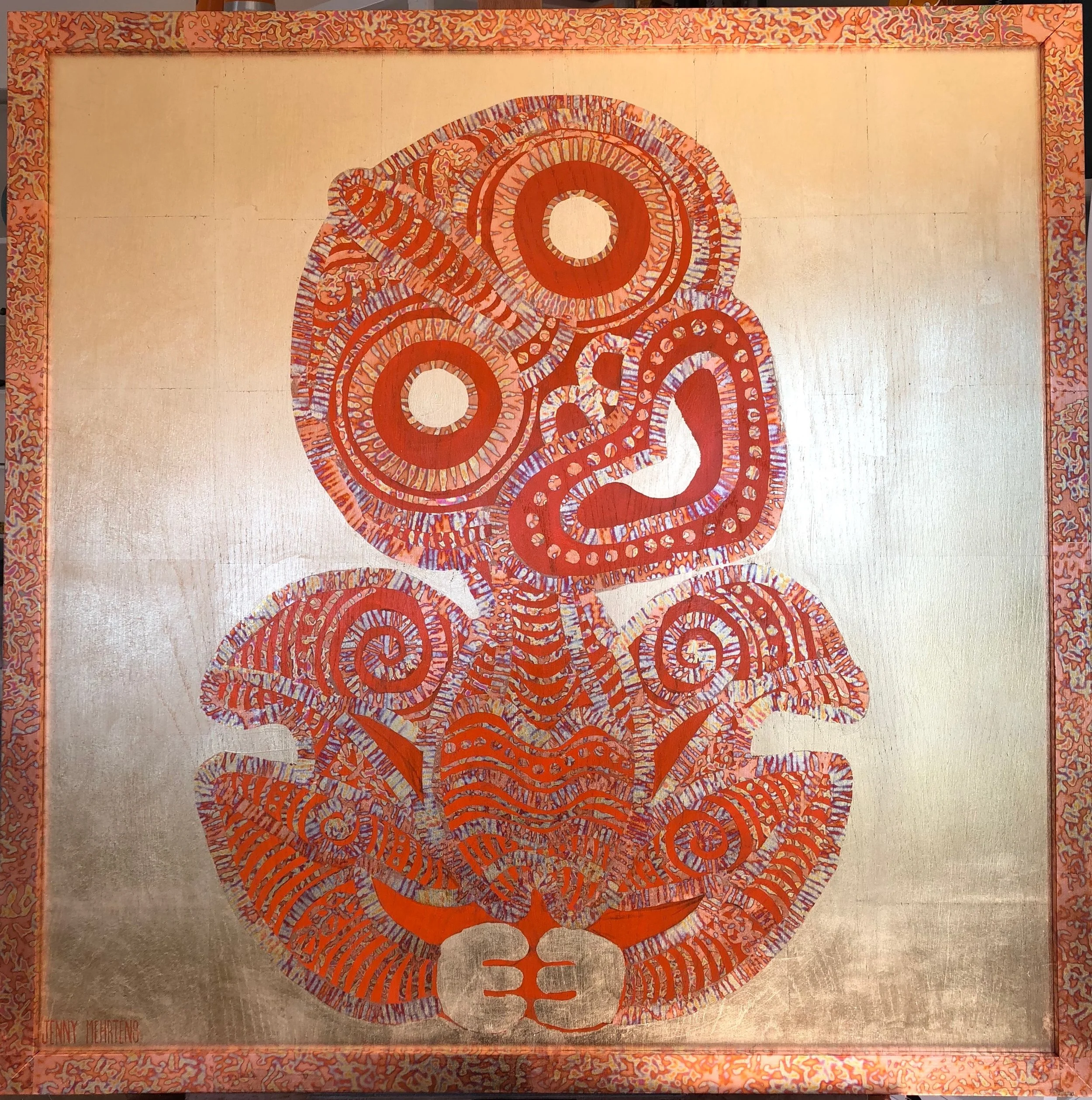 HEI TIKI - FOUND IN NORTHLAND, WESTLAND POUNAMU acrylic and variegated and generic leaf on oak board 800 X 800 SOLD