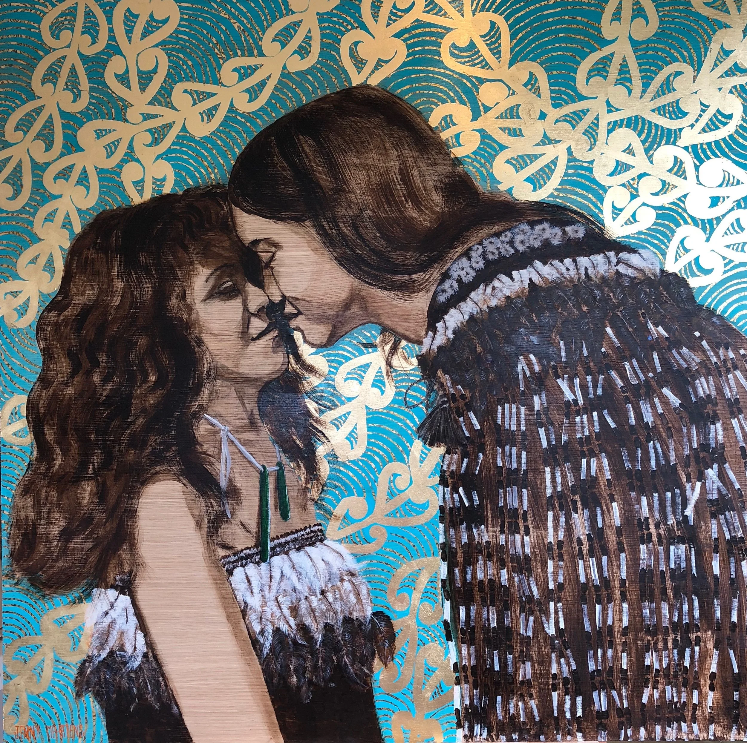 HONGI - TWO SISTERS acrylic and variegated and generic gold leaf on oak board 1100 x 1100 generic gold frame SOLD