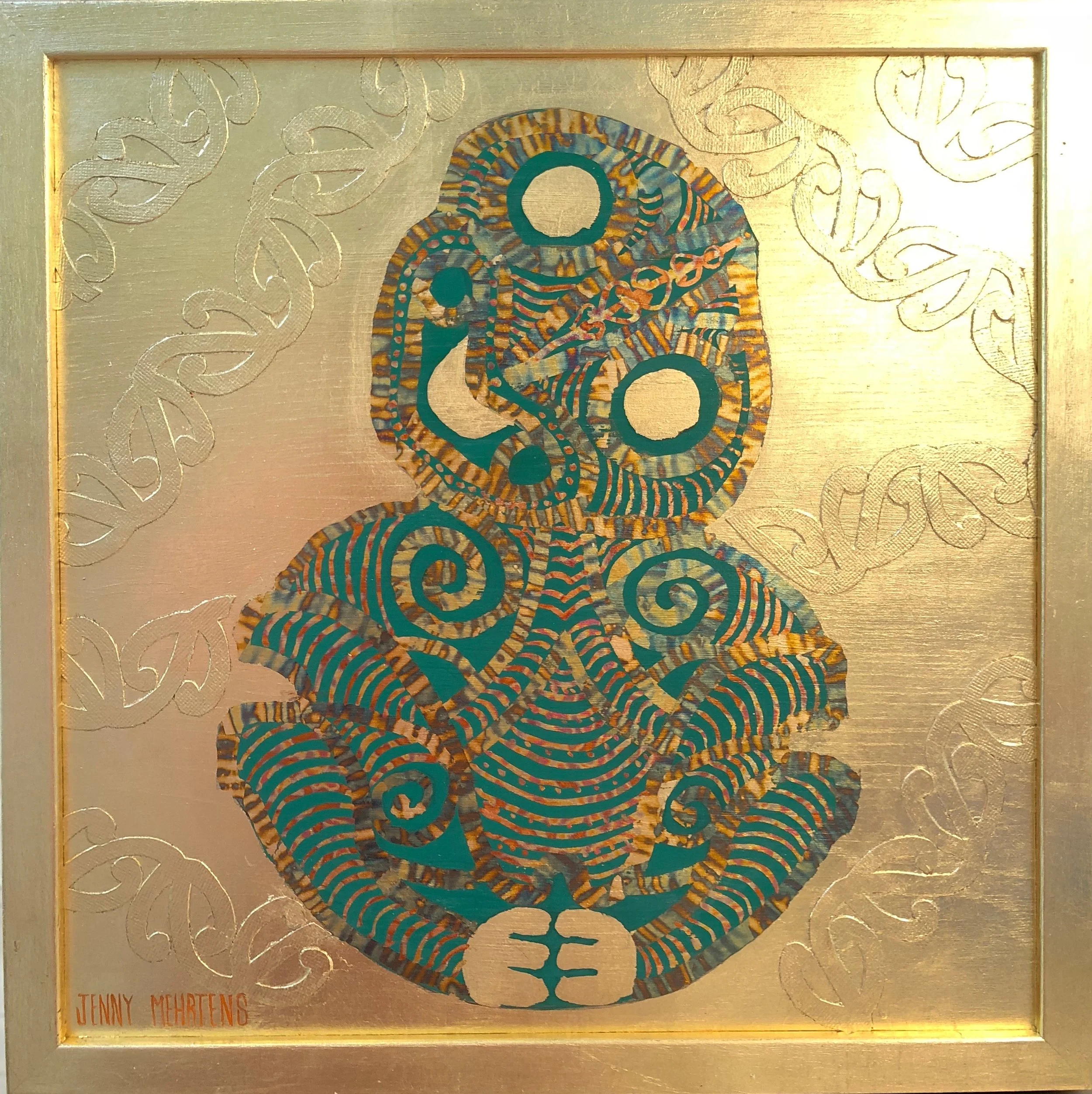 HEI TIKI - FOUND IN PARAPARAUMU, FROM WAKATIPU POUNAMU cut card, acrylic and variegated and generic gold leaf on oak board SOLD