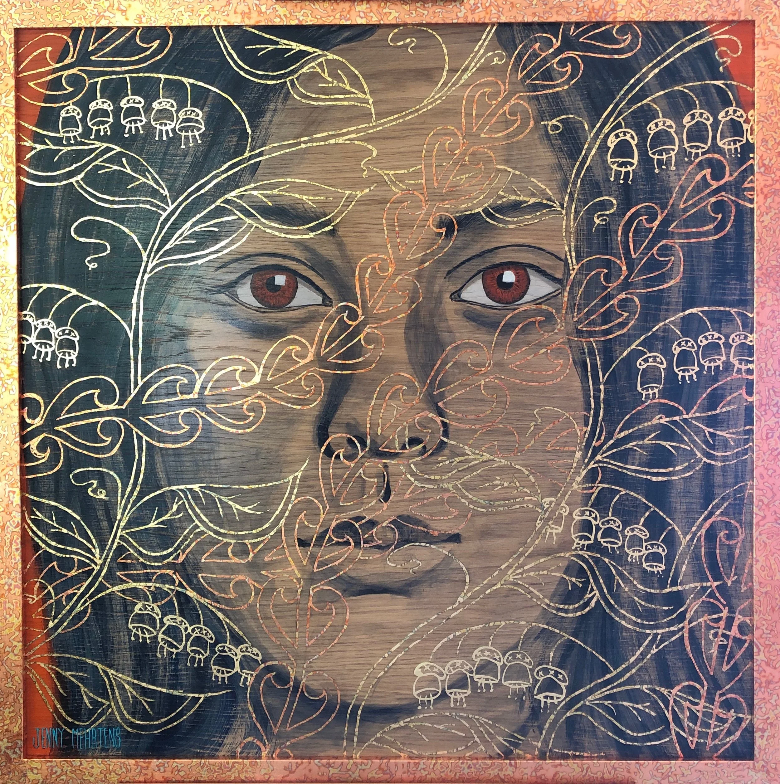  MAKING THEIR MARK - GIRL WITH KOWHAI   acrylic an variegated and generic gold leaf on oak board   800 x 800   variegated leaf frame   $8600 sold 